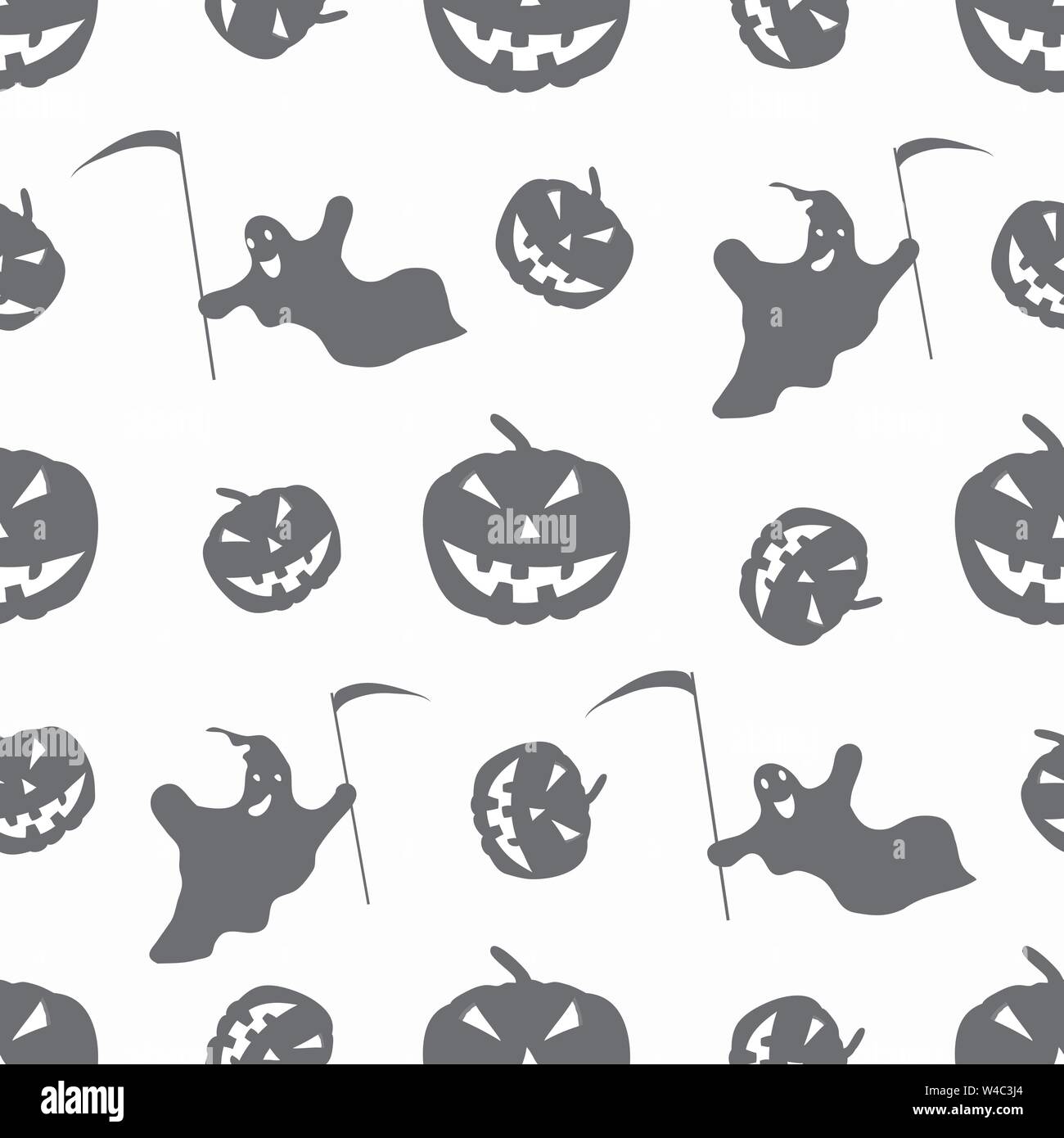 monochrome ghosts and pumpkins on a white background seamless pattern Stock Vector