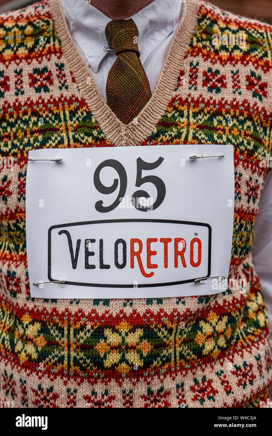 Vintage knitware garment at Veloretro vintage cycling event in Ulverston, Cumbria. Stock Photo