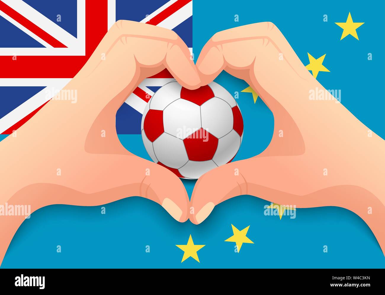Tuvalu flag and hand heart shape. National football background. Soccer