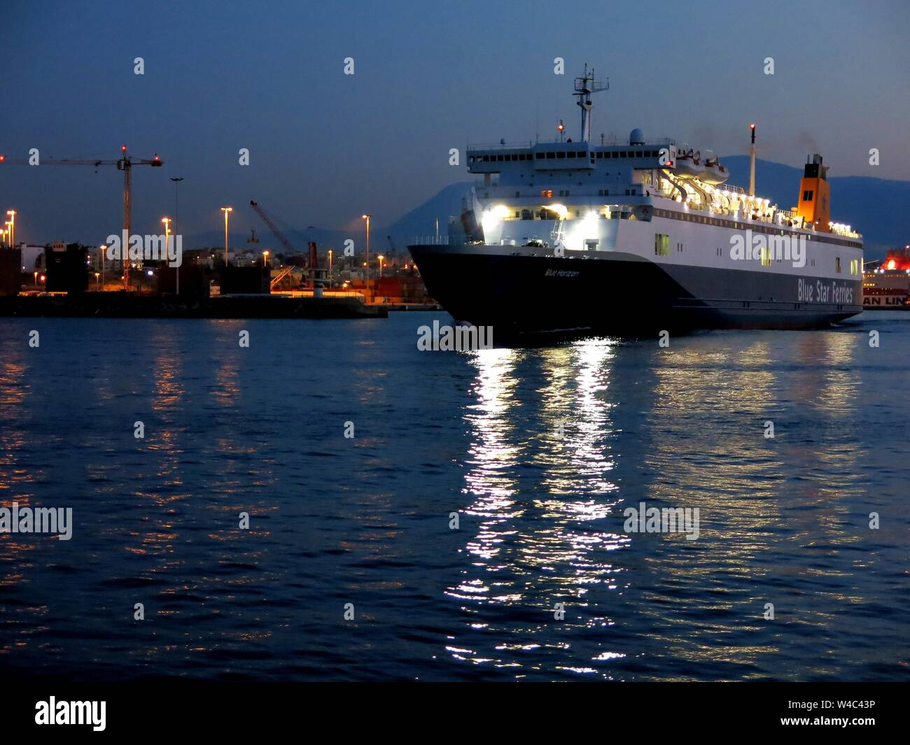 Ferryboat (Blue Horizon), leaving Heraklion, port, Crete, Greece. Stock Photo