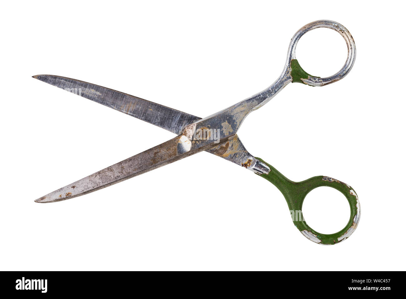 Single old soviet scissors isolated on white background. Opened. Stock Photo