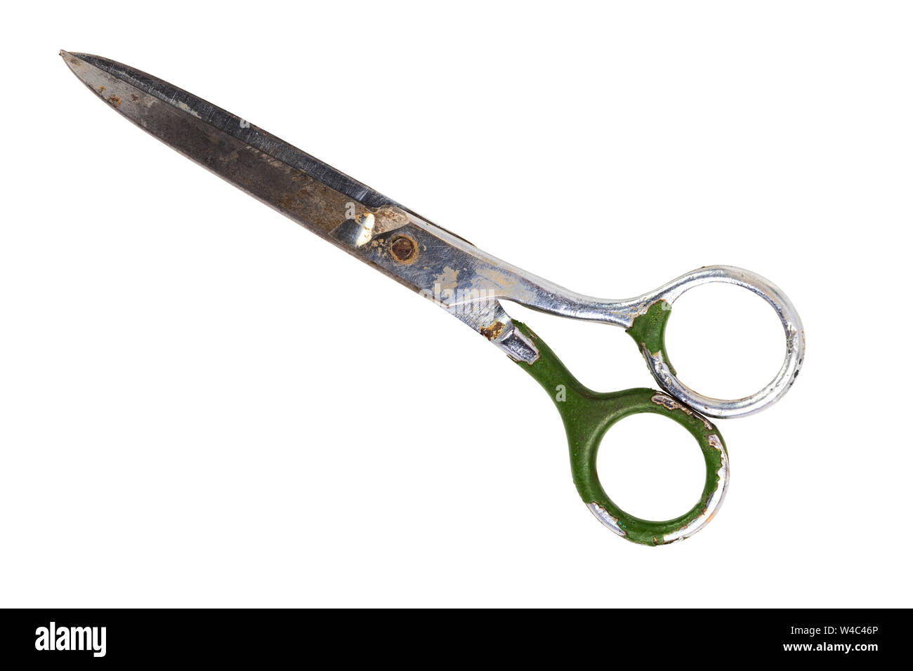 Single old soviet scissors isolated on white background. Closed. Stock Photo