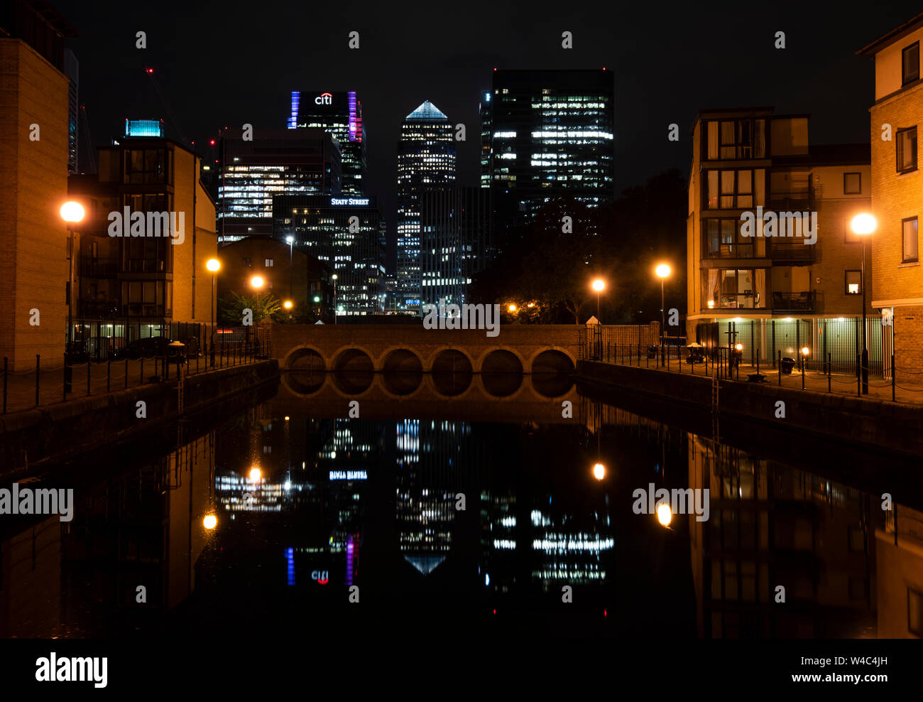 Canary Wharf at night, captured from the Blackwall Basin in London