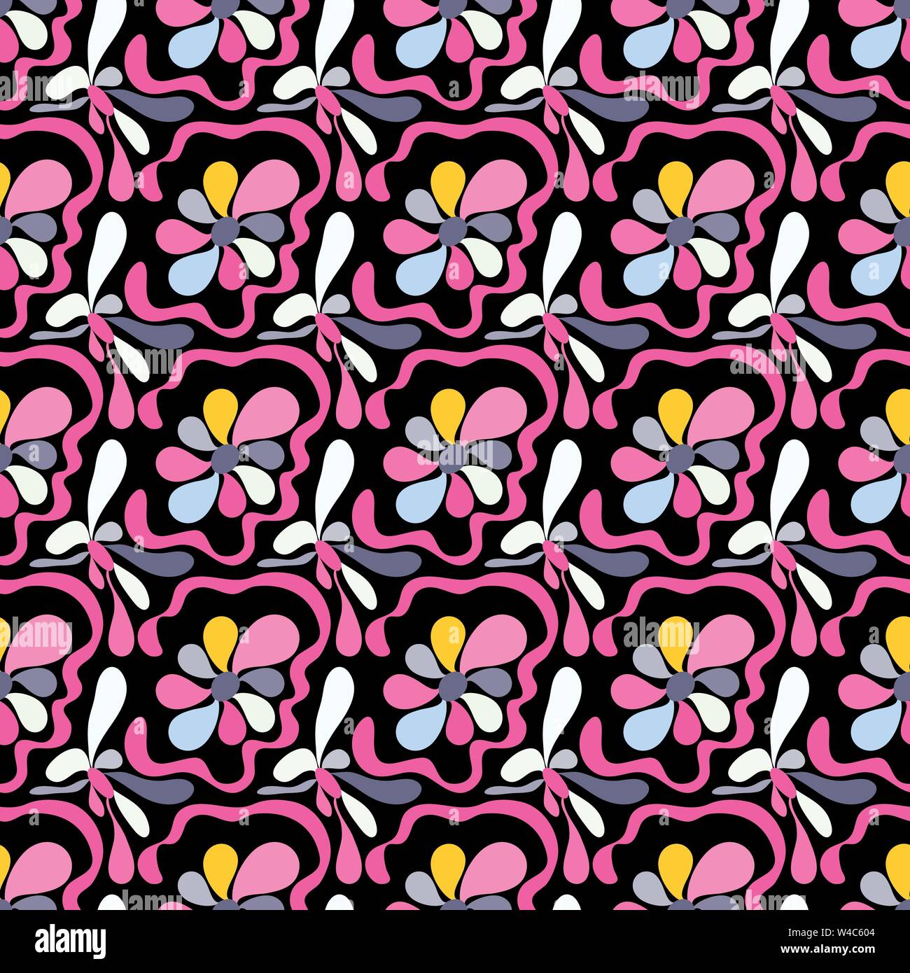 pink abstract flowers on a black background seamless pattern Stock ...
