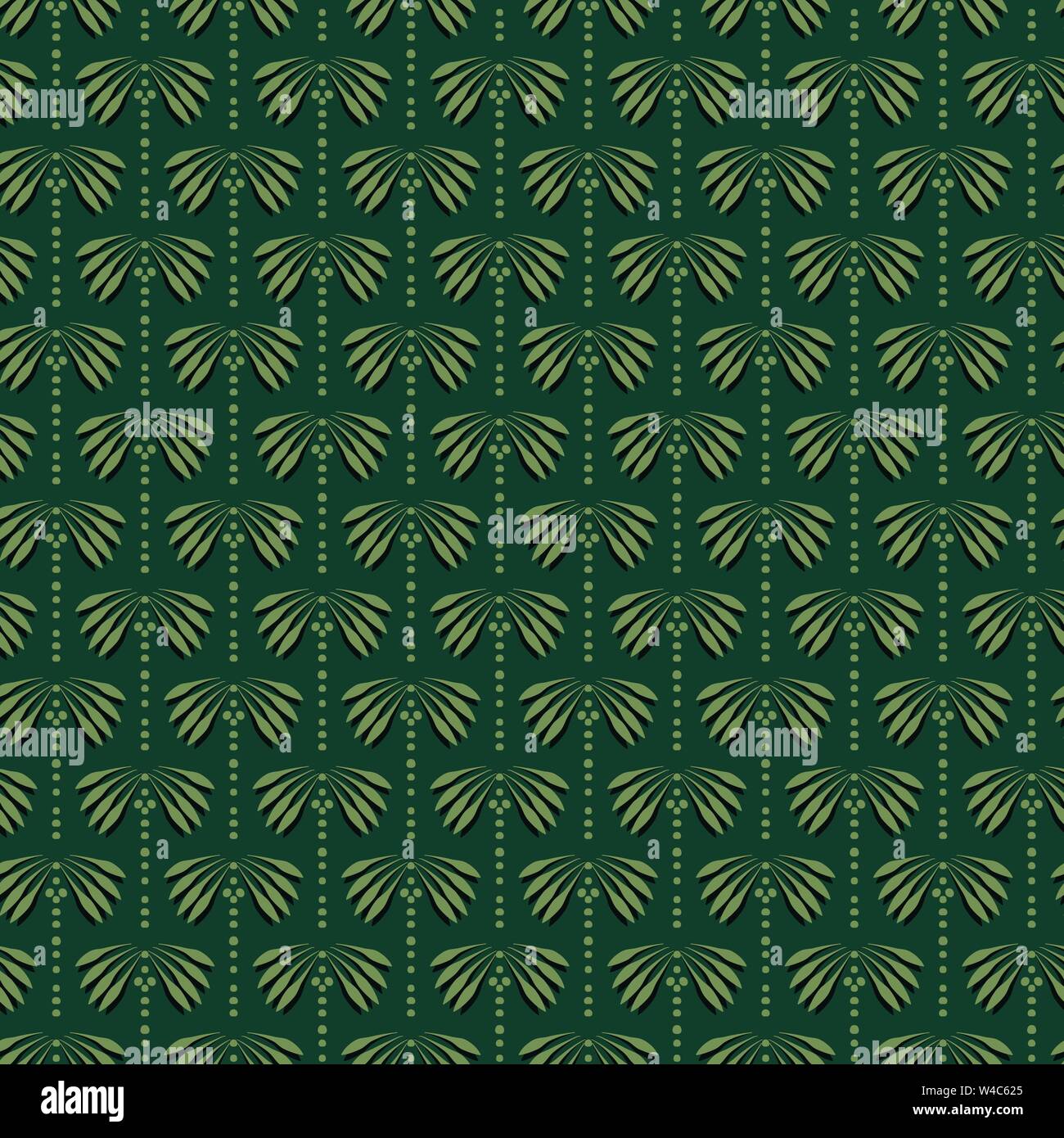 A green seamless vector pattern with coconut palm trees. Surface print ...