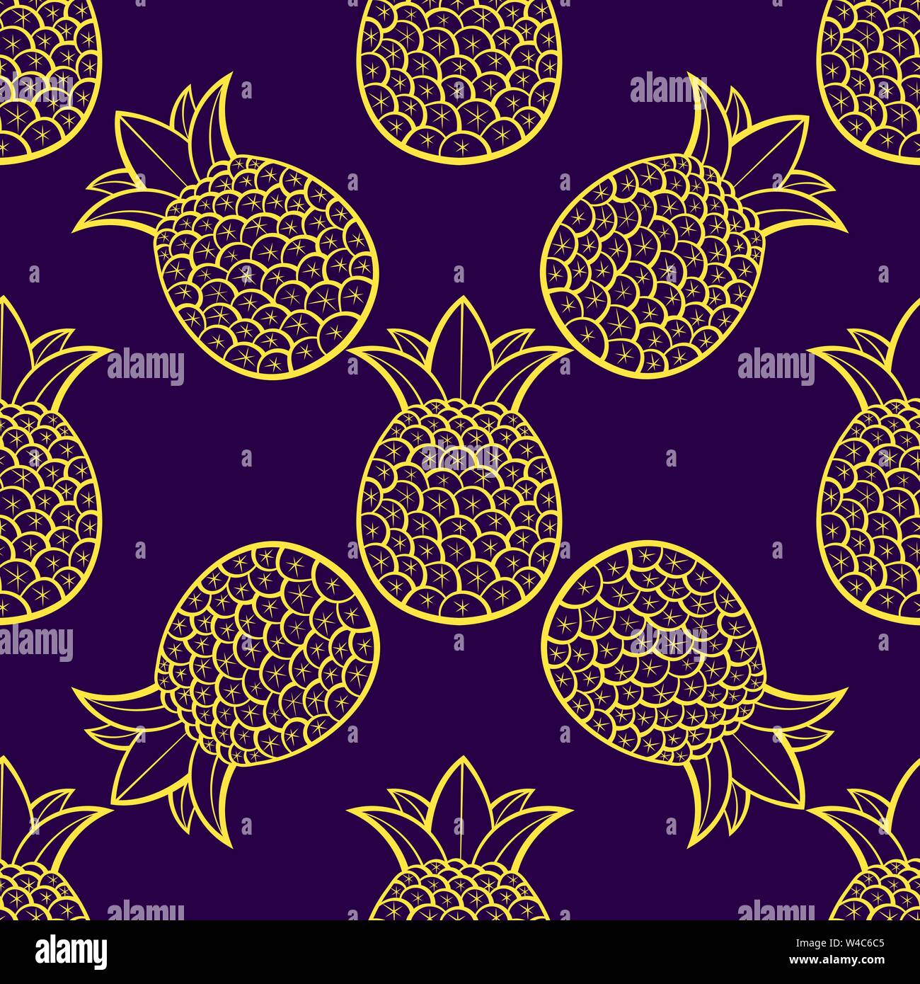 Pineapples Are Ripe, Tropical With A Black Background. Seamless Vector Pattern. Stock Vector
