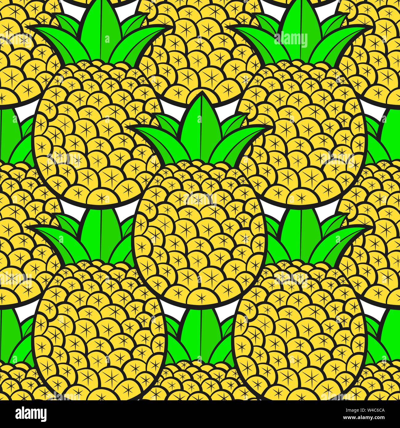 Pineapples Ripe, Tropical With White Background. Seamless Vector Pattern. Stock Vector