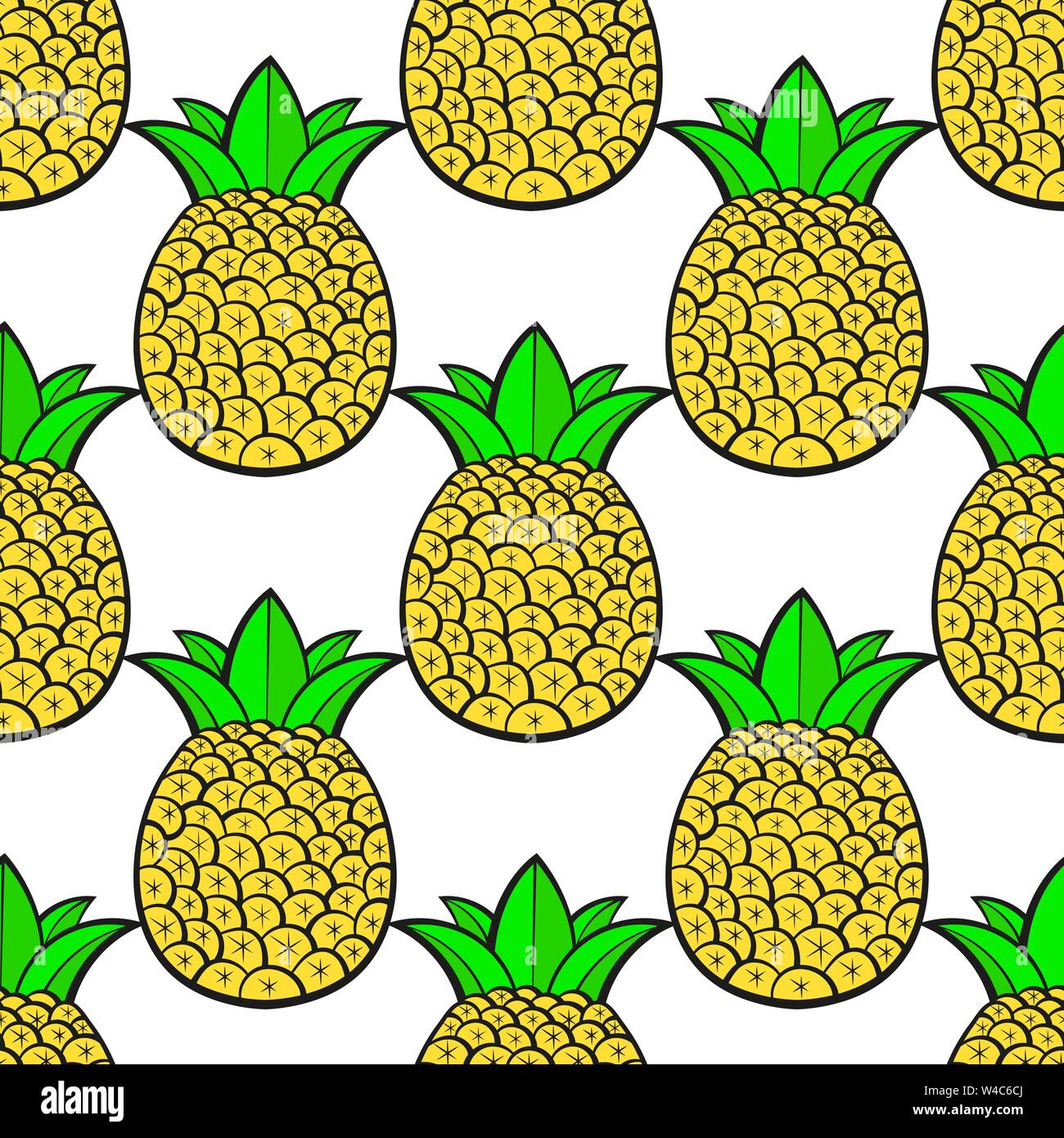 Pineapples Ripe, Tropical With White Background. Seamless Vector Pattern. Stock Vector