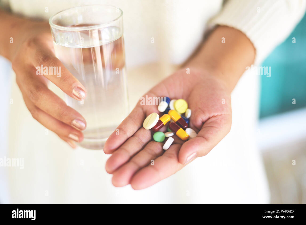 Close Up of Woman Taking Pills. Medicine, Health Care and People ...