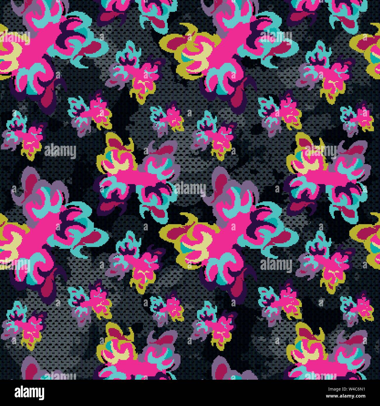 brightly colored abstract flowers on a black background seamless pattern Stock Vector