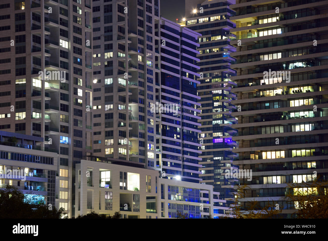 Night view to modern living buildings in Tel Aviv. Stock Photo