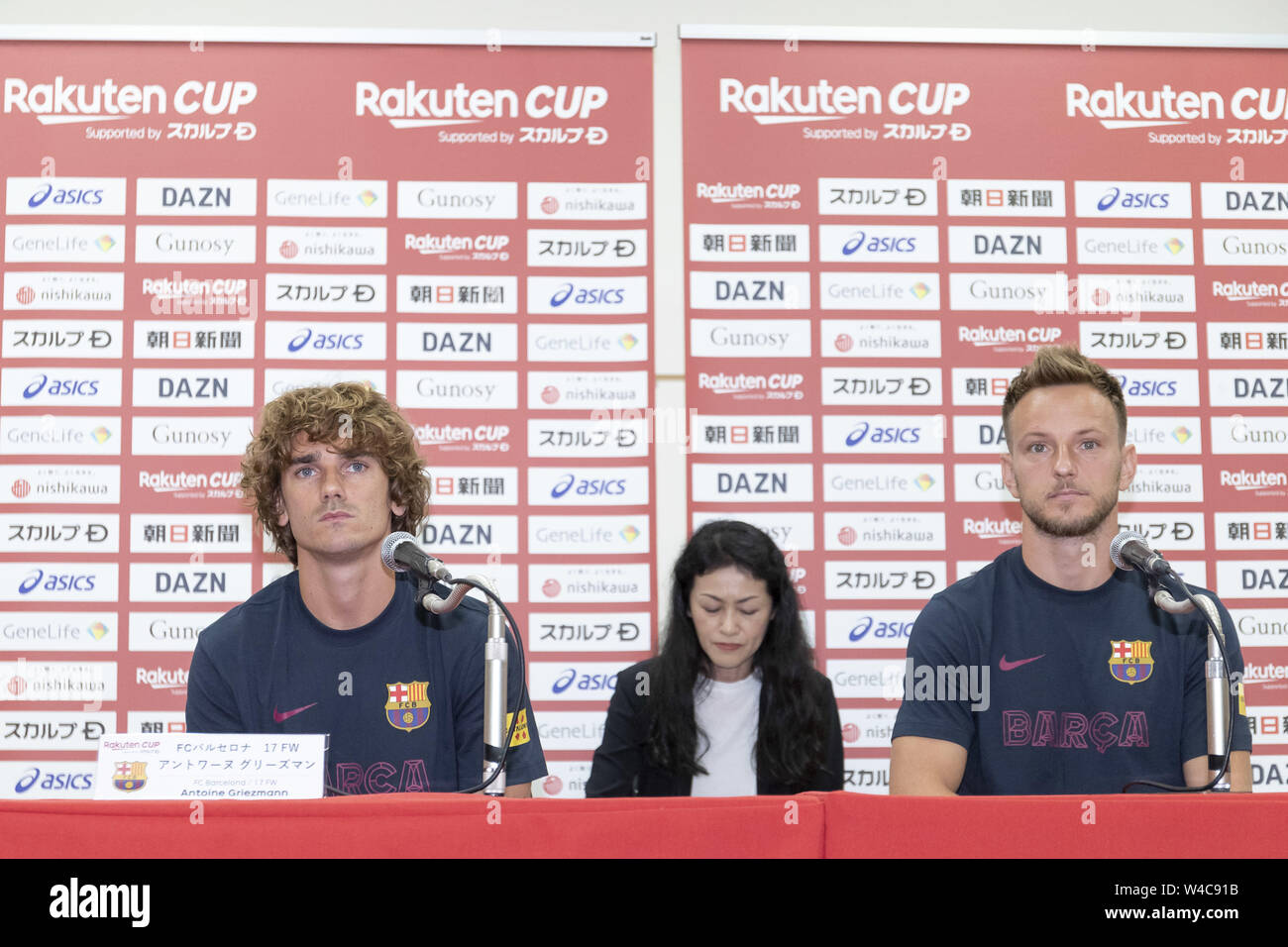 Tokyo, Japan. 22nd July, 2019. (L to R) FC Barcelona players Antoine  Griezmann and Ivan Rakitic