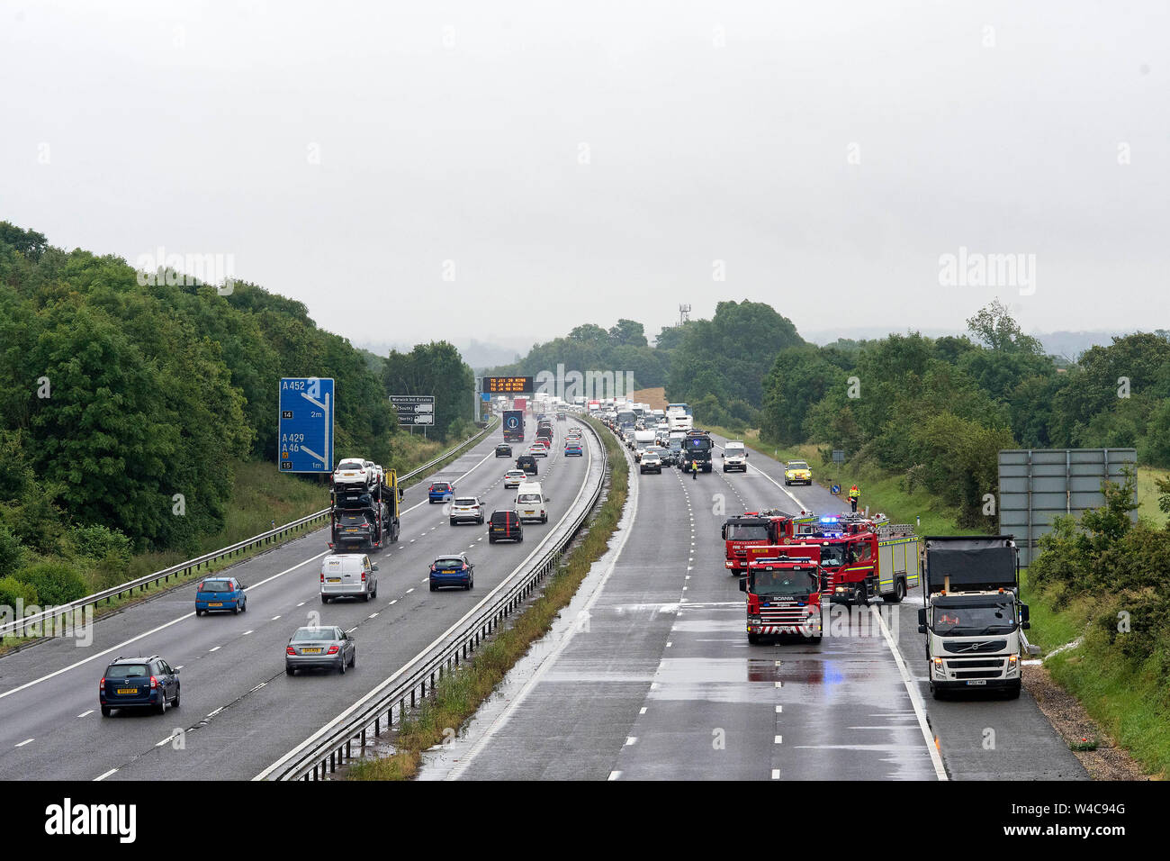 Traffic at a complete standstill as north carriageway M40 Motorway nr Warwick closed whilst emergency services respond to a lorry fire. 19.7.19 Stock Photo