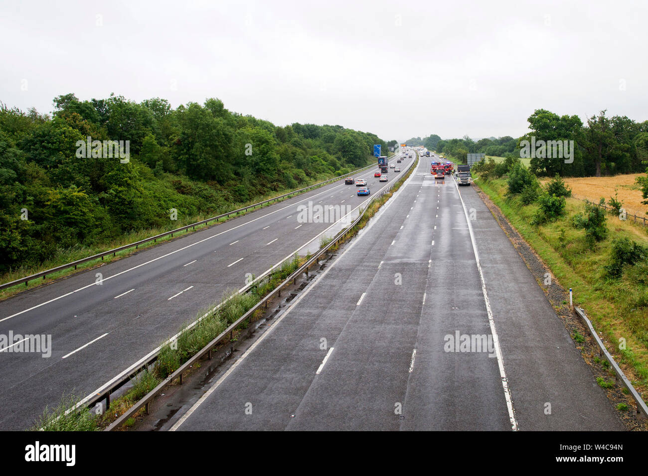 Traffic at a complete standstill as north carriageway M40 Motorway nr Warwick closed whilst emergency services respond to a lorry fire. 19.7.19 Stock Photo