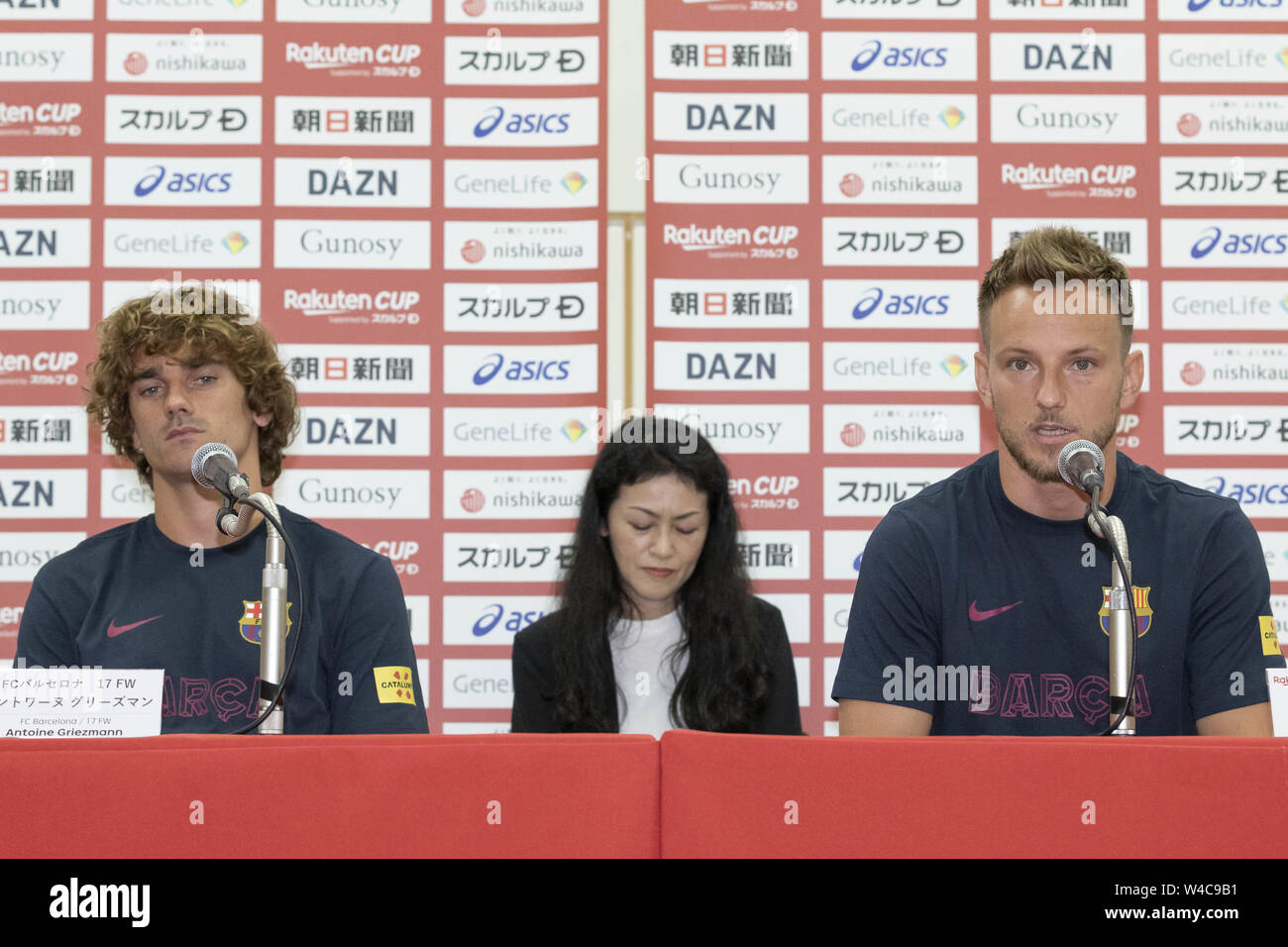 Tokyo, Japan. 22nd July, 2019. (L to R) FC Barcelona players Antoine  Griezmann and Ivan Rakitic