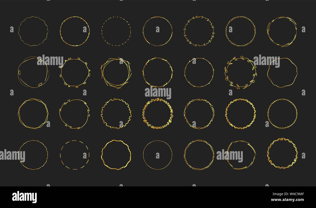 Set of gold hand drawn round frames on black background for premium ...
