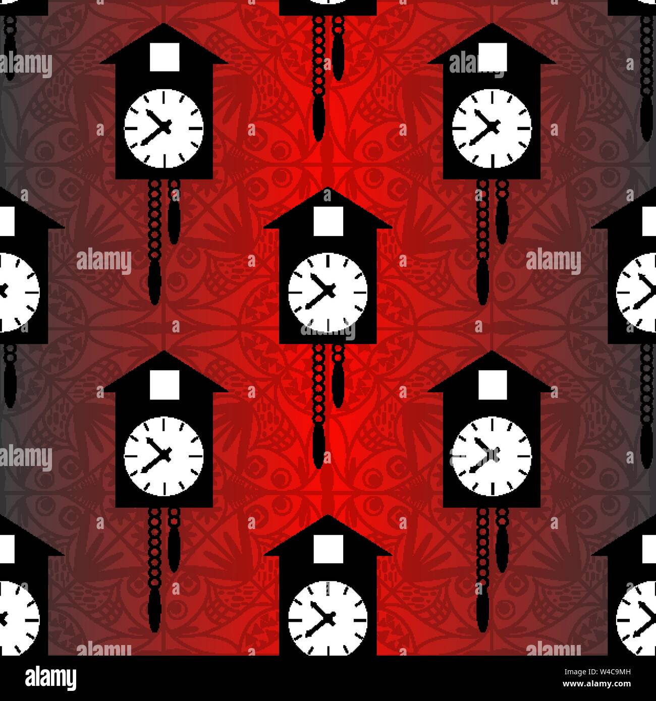 cuckoo clock on a red background seamless vector pattern Stock Vector