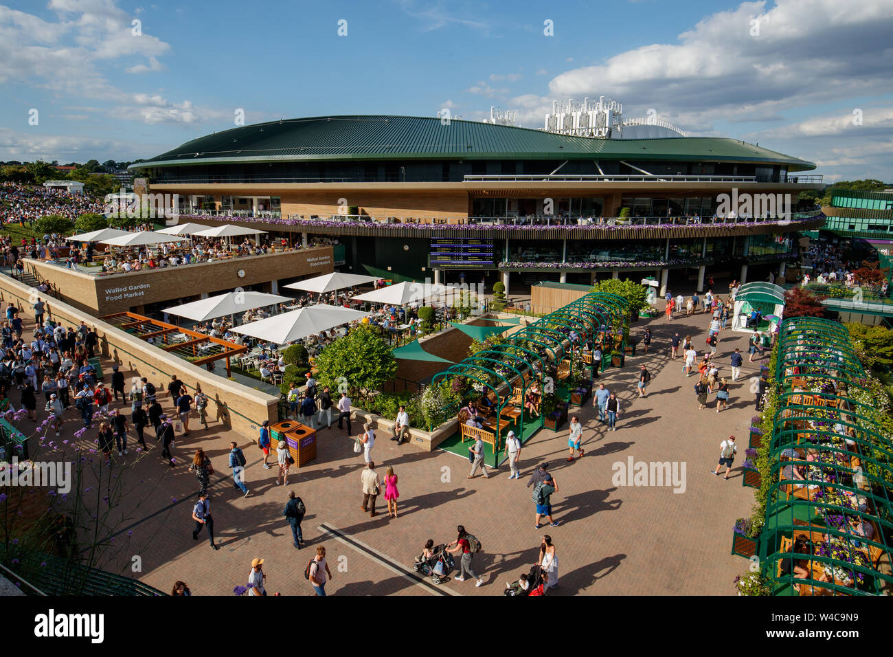 General View of Walled Garden Food Court and No.1 Court from the roof of Media Broadcast Centre. The Championships 2019. Held at The All England Lawn Stock Photo
