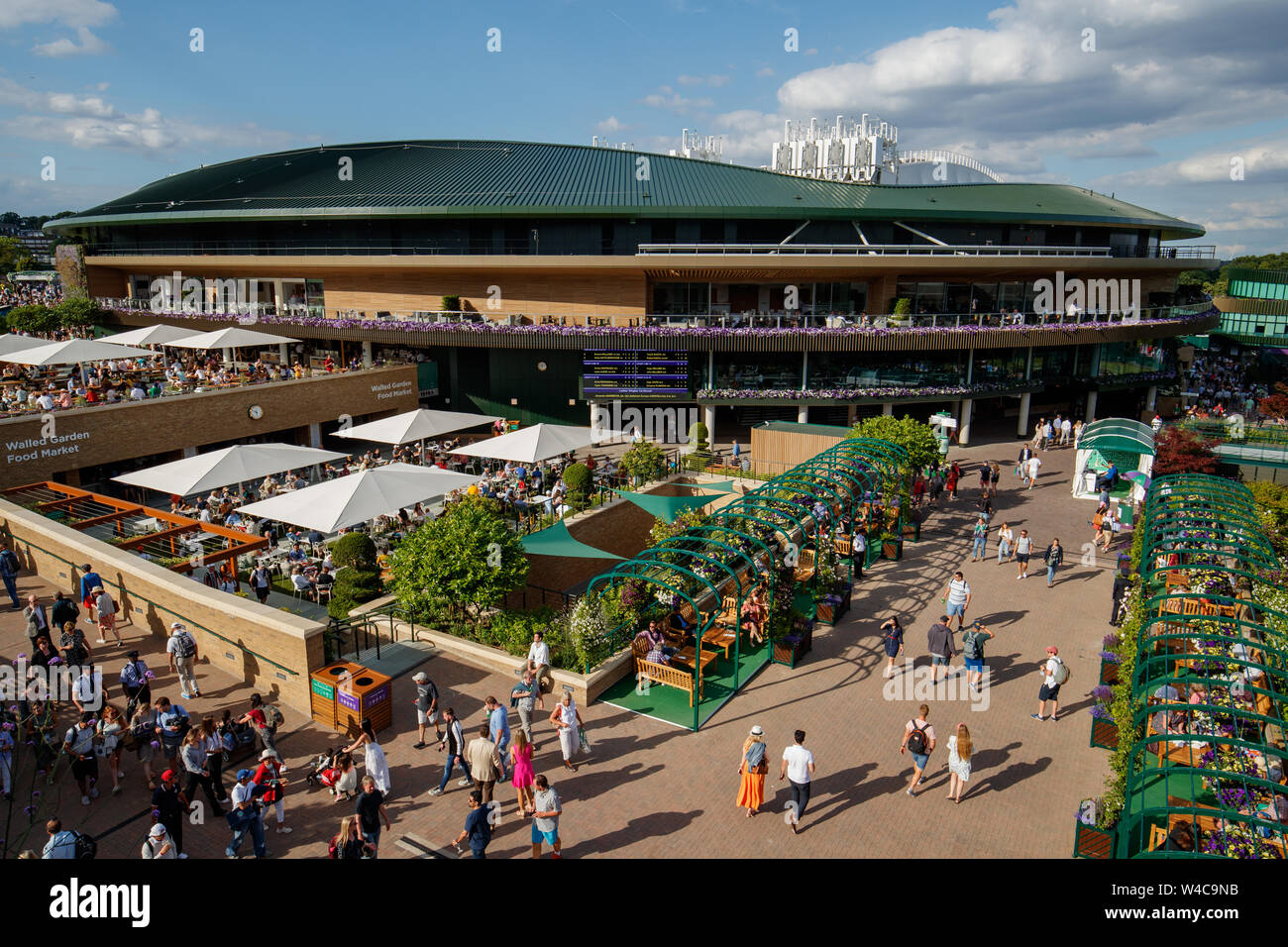 General View of Walled Garden Food Court and No.1 Court from the roof of Media Broadcast Centre. The Championships 2019. Held at The All England Lawn Stock Photo