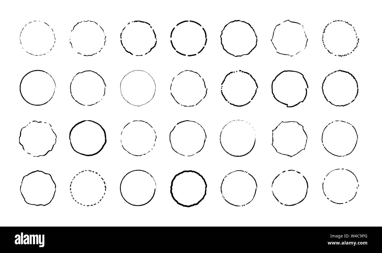 Circle set. Circles of shabby and curved lines. Round hand drawing stains set. Coffee cup and wineglass trails set. Vector round frames. Stock Vector
