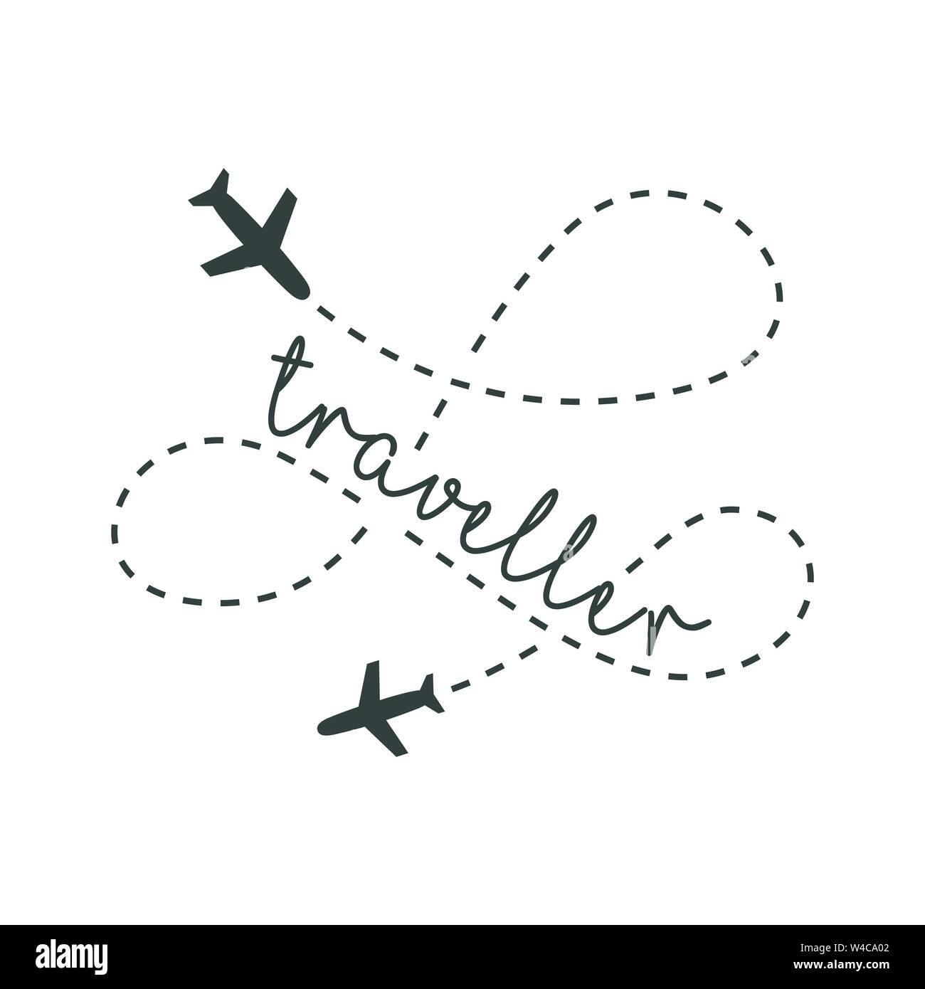 Traveller logo concept. Lettering traveler, with flying airplanes around the inscription. Flying plane along route, zigzag line. Airplane in the sky Stock Vector