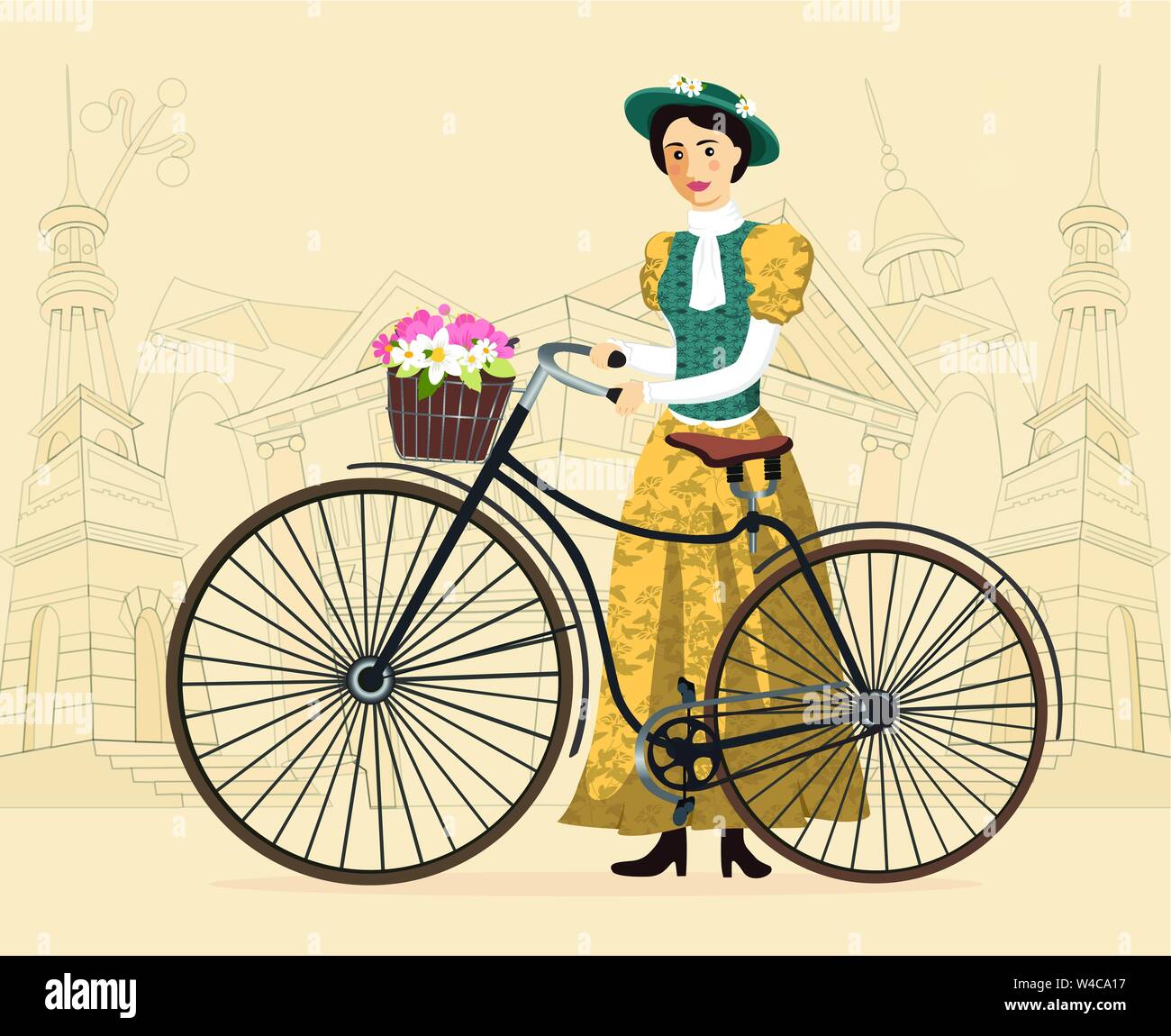 Elegant lady with hat in vintage costume on a old bicycle vector Illustration cityscape background Stock Vector