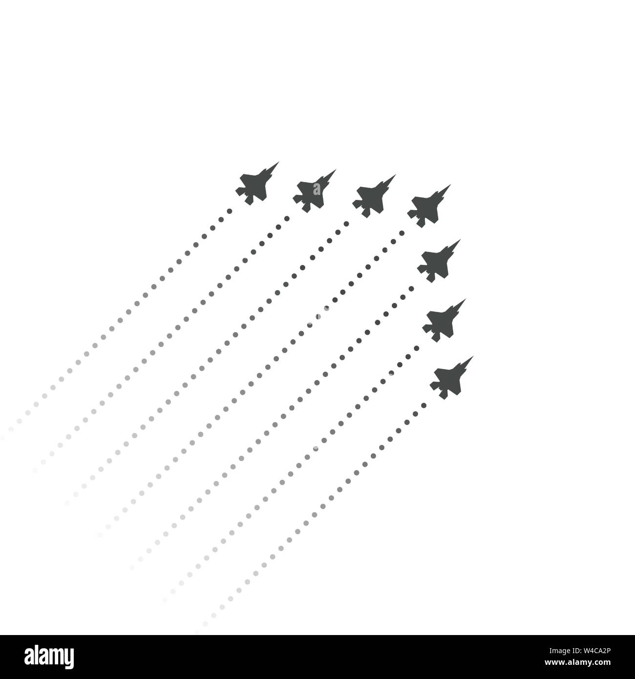 Military Aviation. Fighters fly up. wedge shape of flying jet planes. Silhouettes of reactive planes and trace of jet engines. Vector illustration. Stock Vector