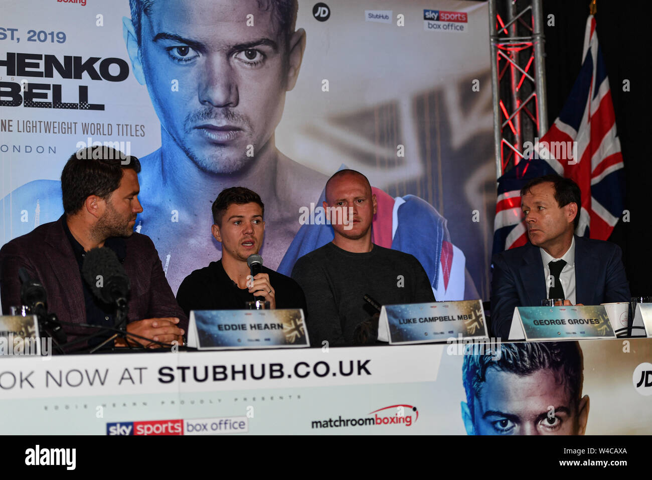 London, UK. 22nd July, 2019.  From left Eddie Hern, Luck Campbell MBE, George Graves and Adam Smith  during Matchroomboxing presents Lomachenkon and Campbell Press Conference at Glaziers Hall on Monday, July 22, 2019 in LONDON, ENGLAND.  (Editorial use only, license required for commercial use. No use in betting, games or a single club/league/player publications. Credit: Taka Wu/17�Թ����� Live News Stock Photo
