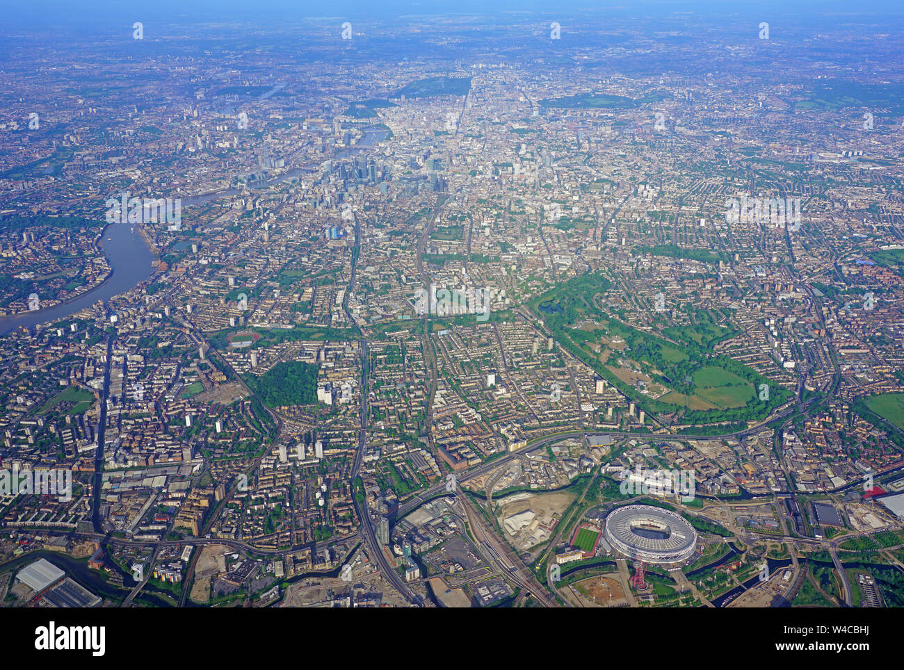 LONDON, ENGLAND -2 JUN 2019- Aerial view of the Greater London area near the Queen Elizabeth Olympic Park and London Stadium, home of West Ham United Stock Photo