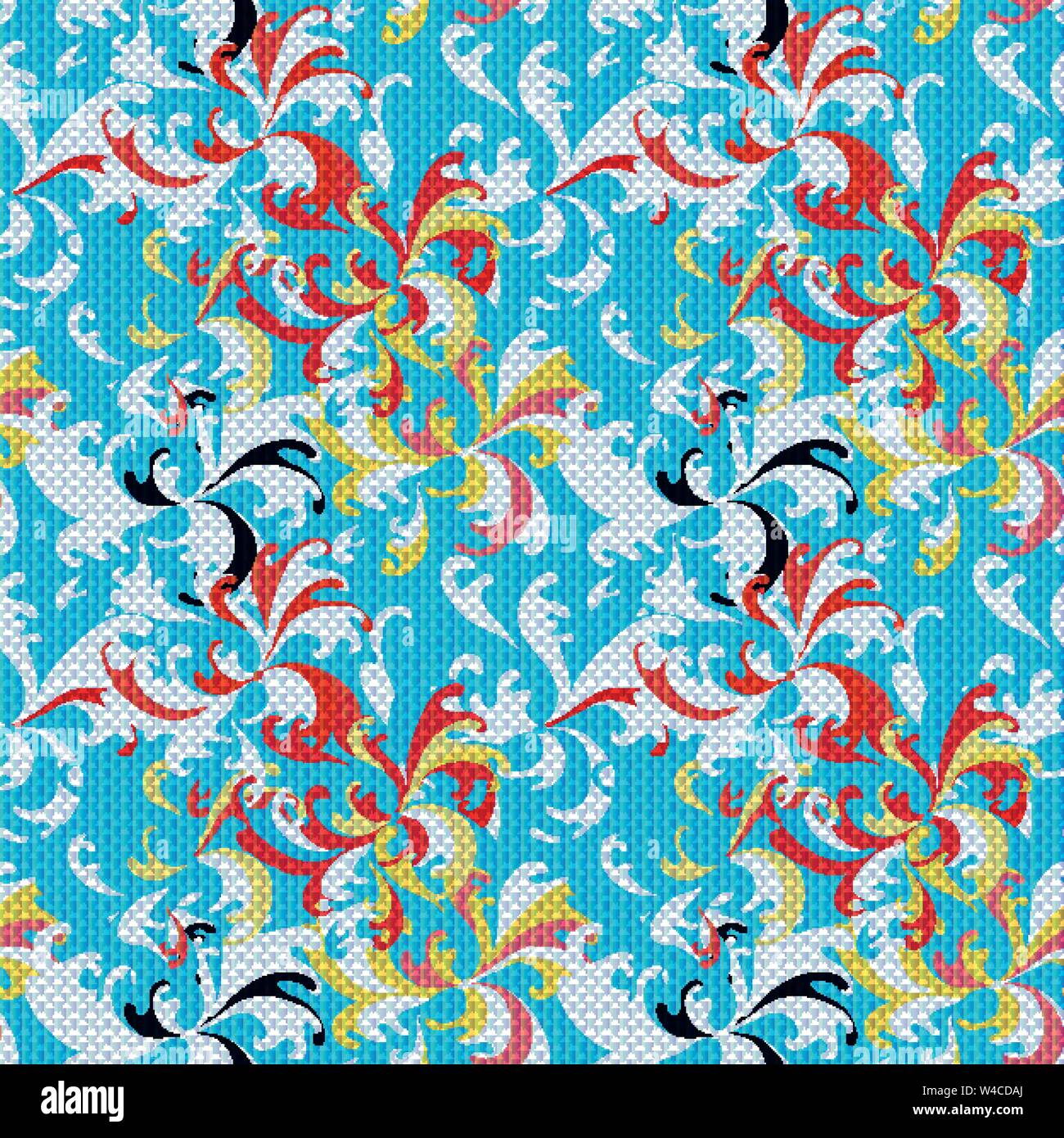 Abstract colored flowers on blue background seamless pattern Stock Vector