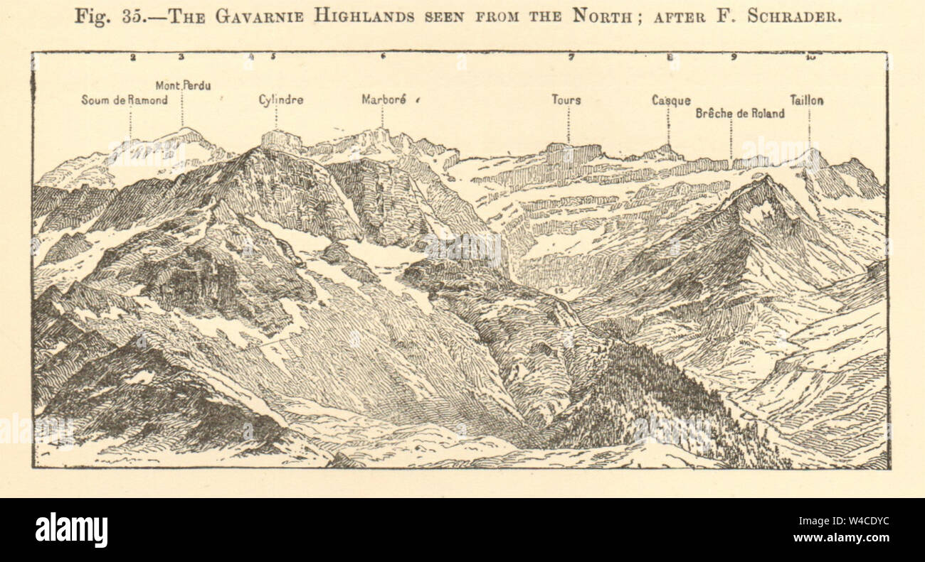 Cirque de Gavarnie. Hautes-Pyrénées Mont Perdu Casque Taillon Marboré SMALL 1886 Stock Photo