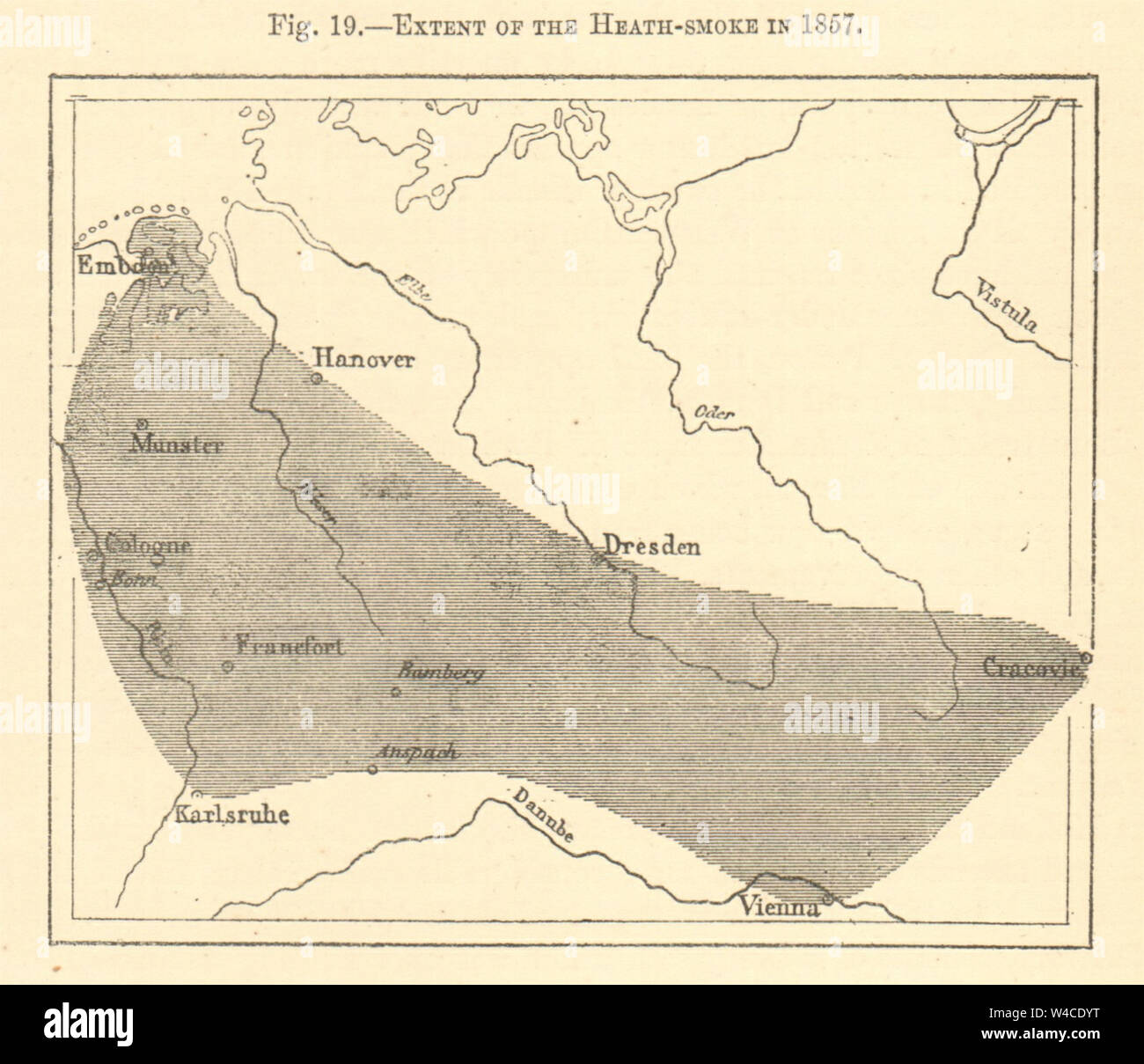 1857 heath fire. Germany. Emden Hanover Krakow Vienna Dresden. Sketch map 1886 Stock Photo