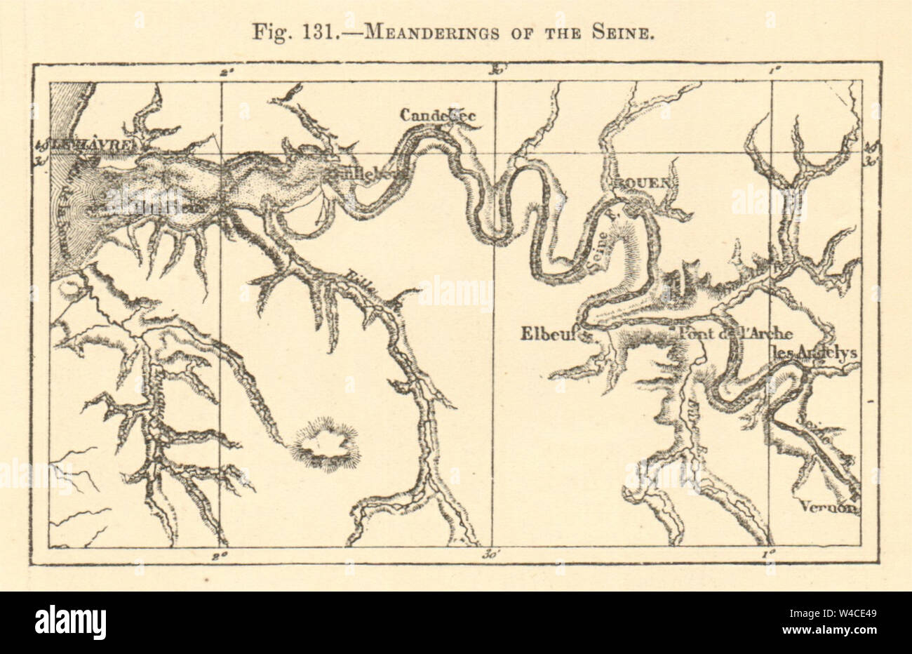 Meanderings of the Seine. France. Rouen Le Havre. SMALL sketch map 1886 Stock Photo