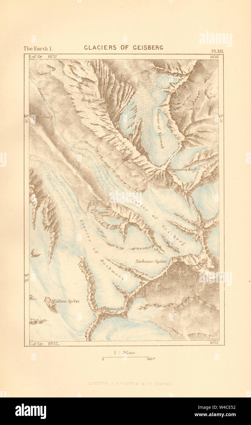 Glaciers of Geisberg. Austria 1886 old antique vintage map plan chart Stock Photo
