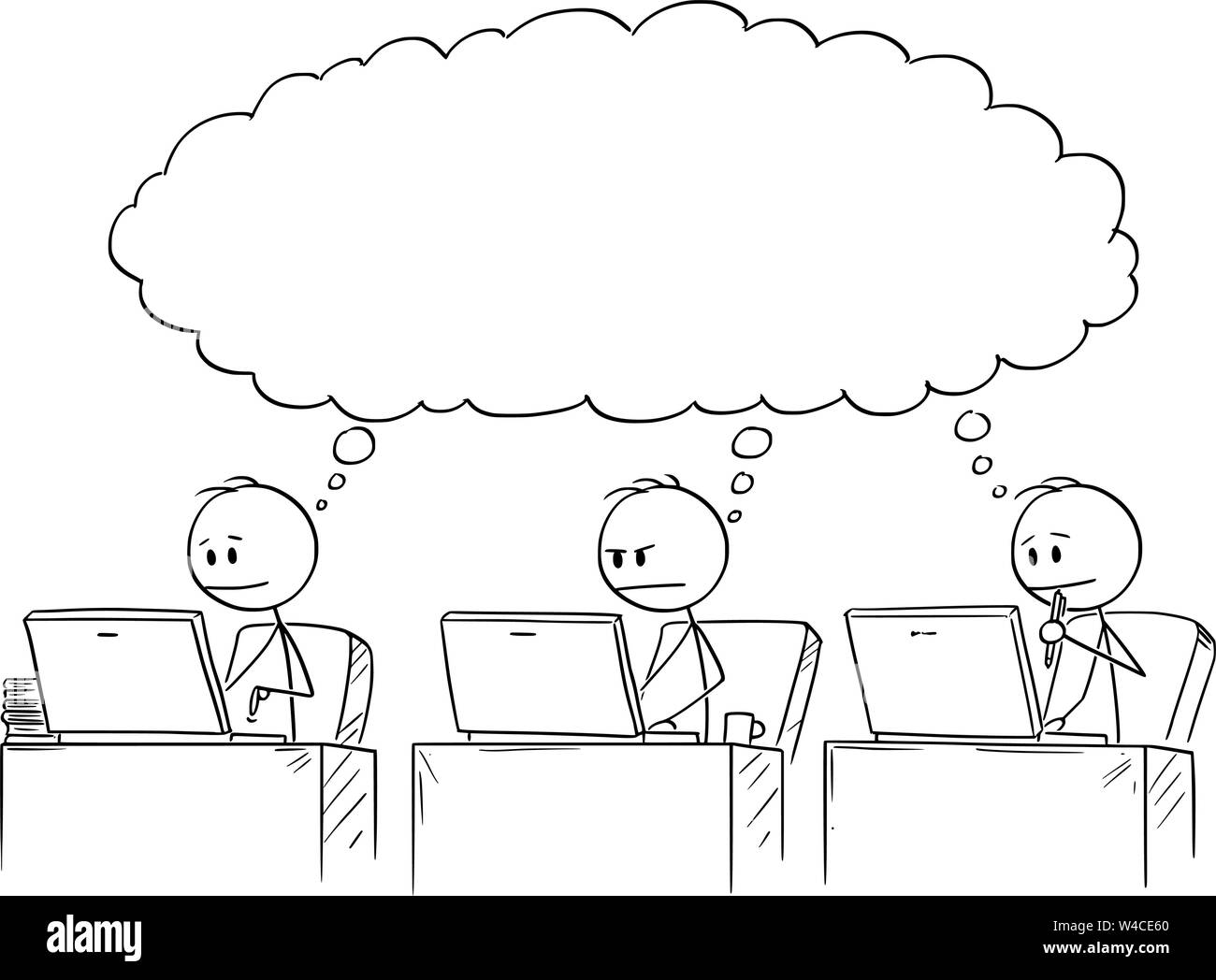 Vector cartoon stick figure drawing conceptual illustration of three businessmen working on computers and thinking about some problem. There is empty speech bubble for your text. Stock Vector