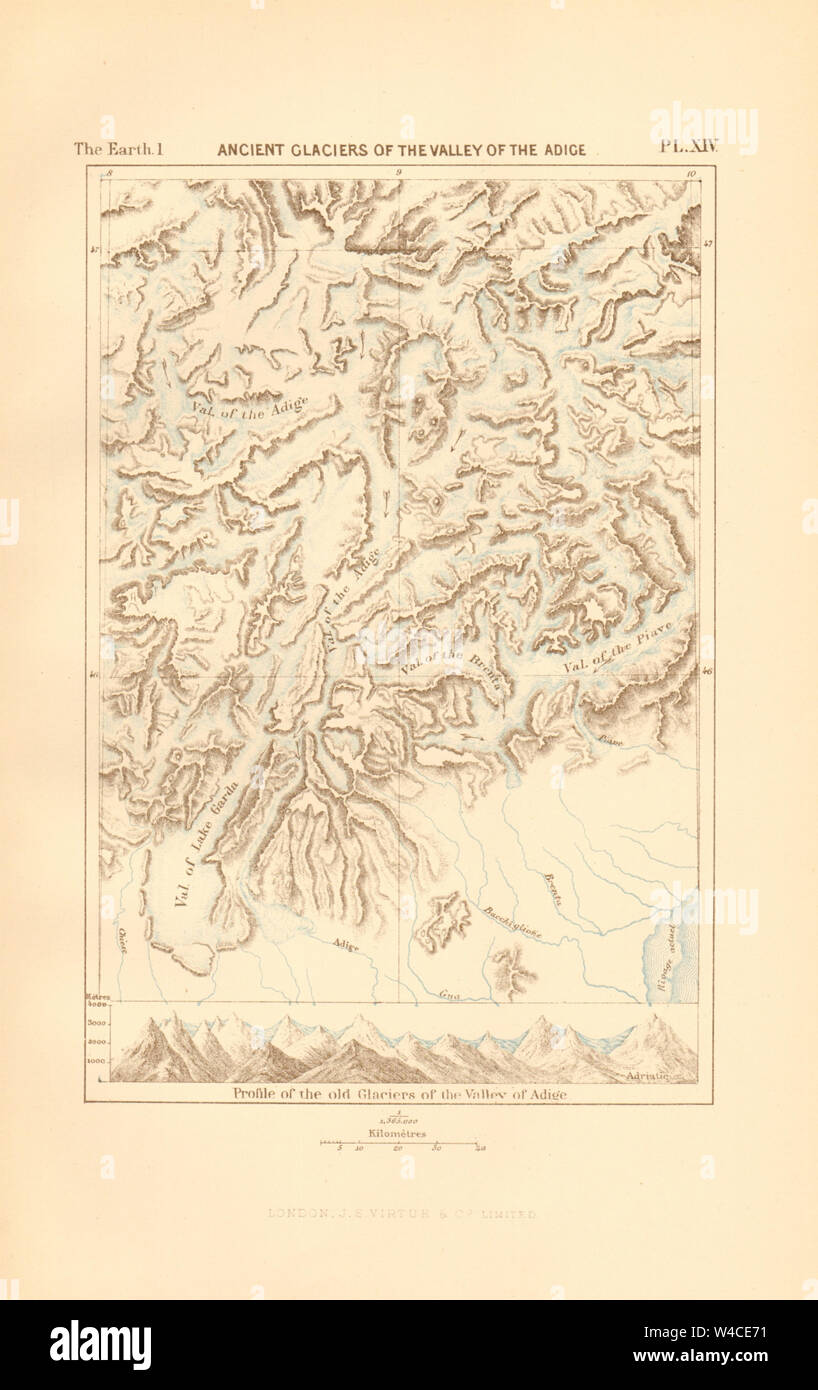 Ancient Glaciers of the Adige valley. Italy. South Tyrol. Lake Garda 1886 map Stock Photo