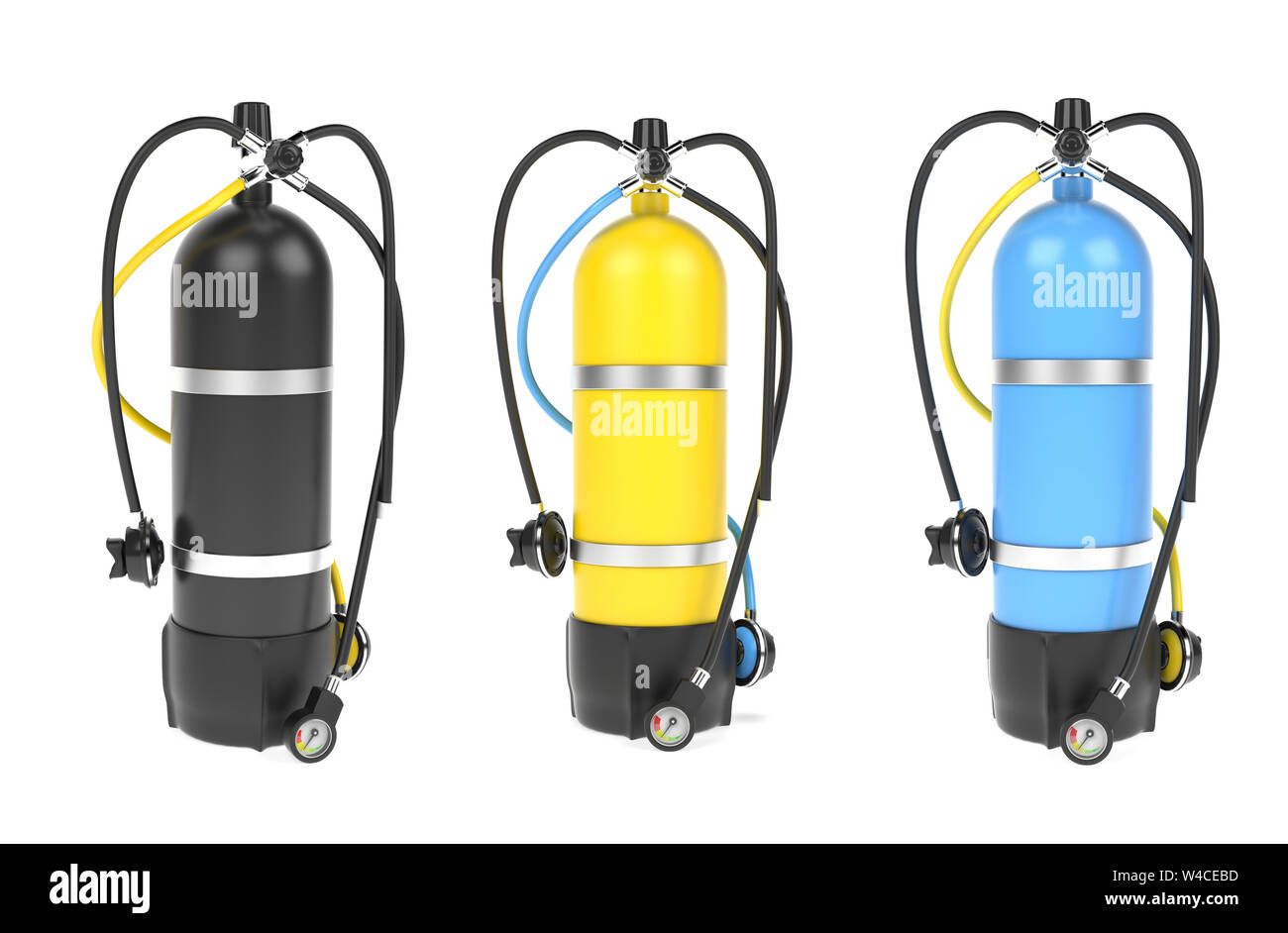 Scuba diving air tank with regulator set. Colored set of cylinders. 3d