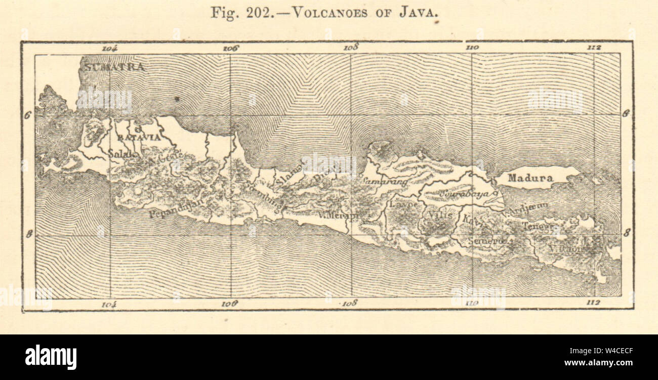 Volcanoes of Java. Indonesia. SMALL sketch map 1886 old antique plan chart Stock Photo