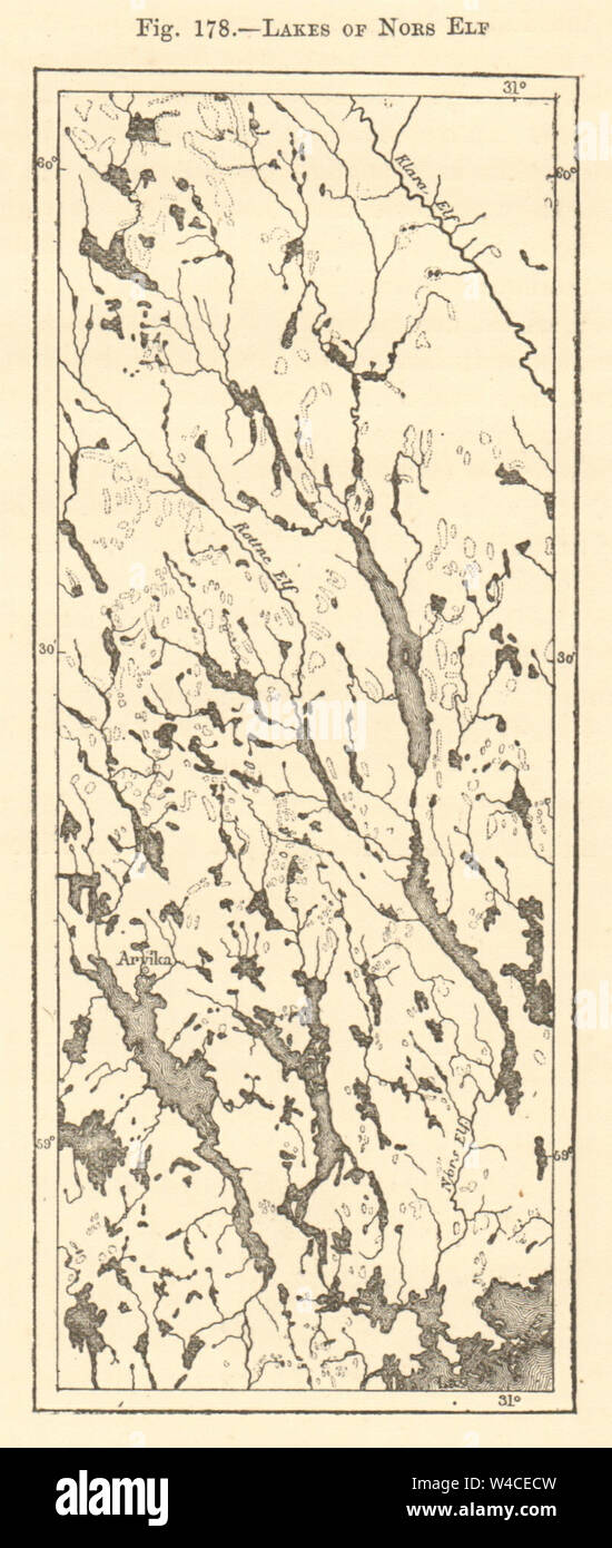 Nors Elf lakes. Sweden. Norsälven river. Arvika. Fryken Lakes. Sketch map 1886 Stock Photo