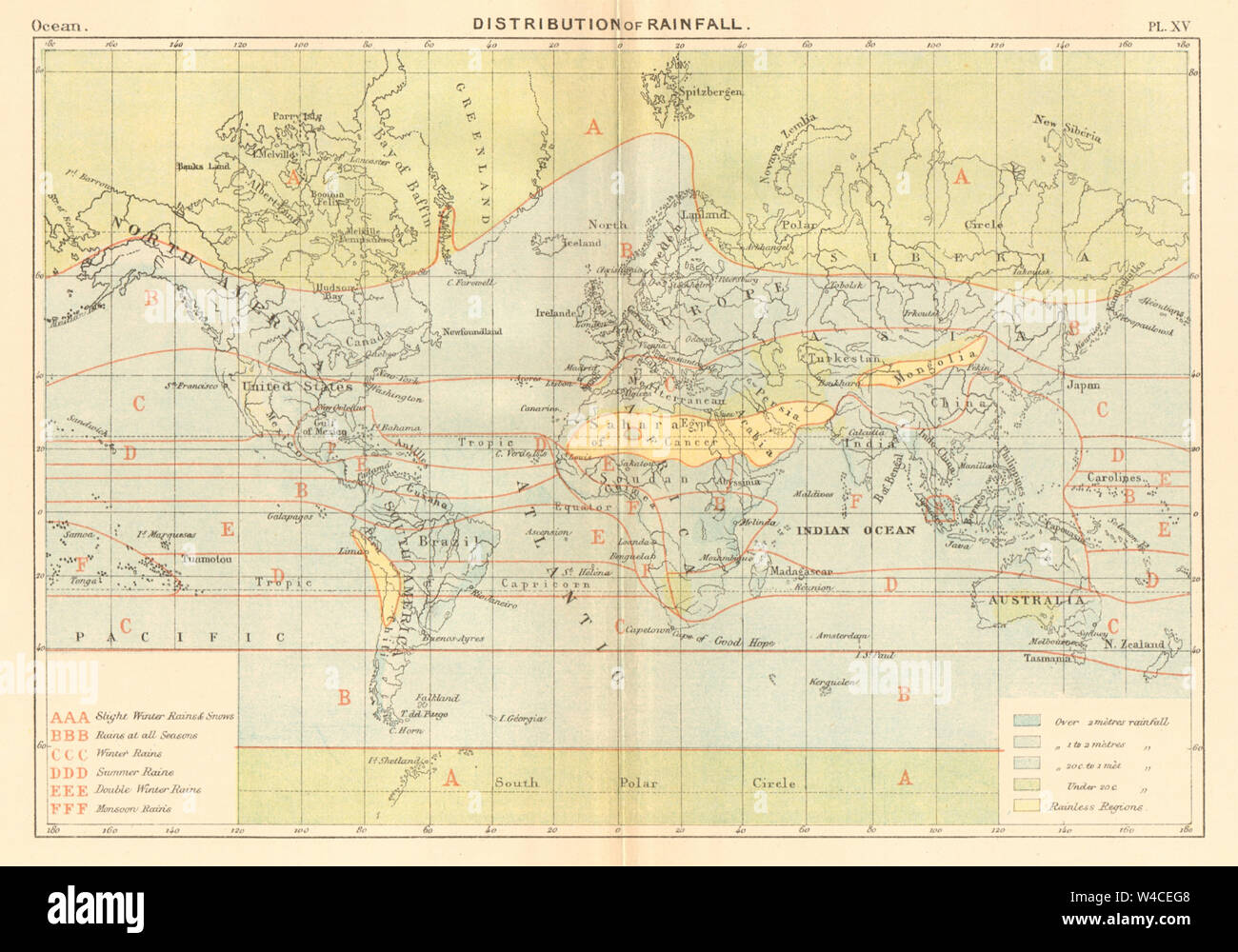 Distribution of Rainfall. World 1886 old antique vintage map plan chart Stock Photo