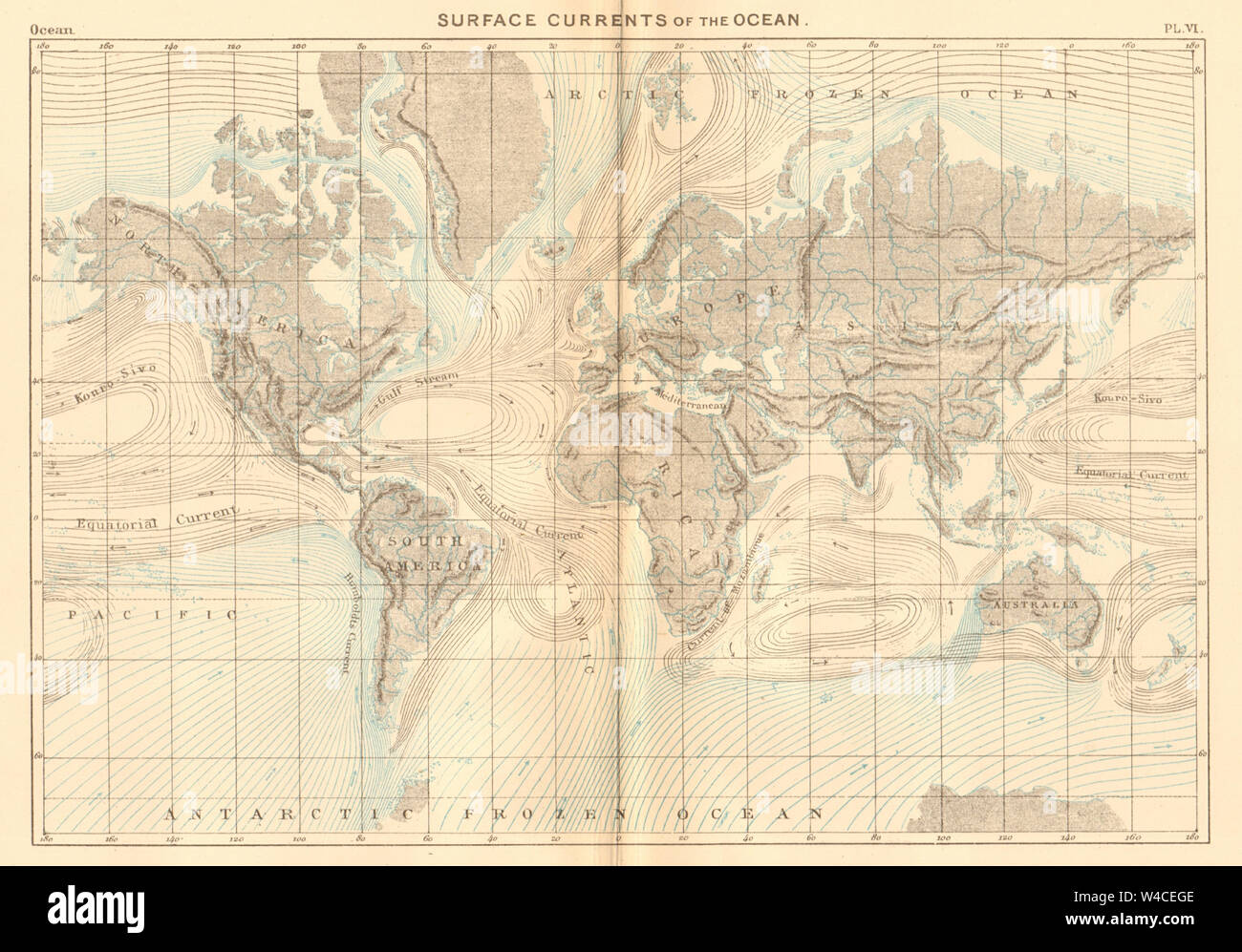 Surface of Currents of the Ocean. World 1886 old antique map plan chart Stock Photo