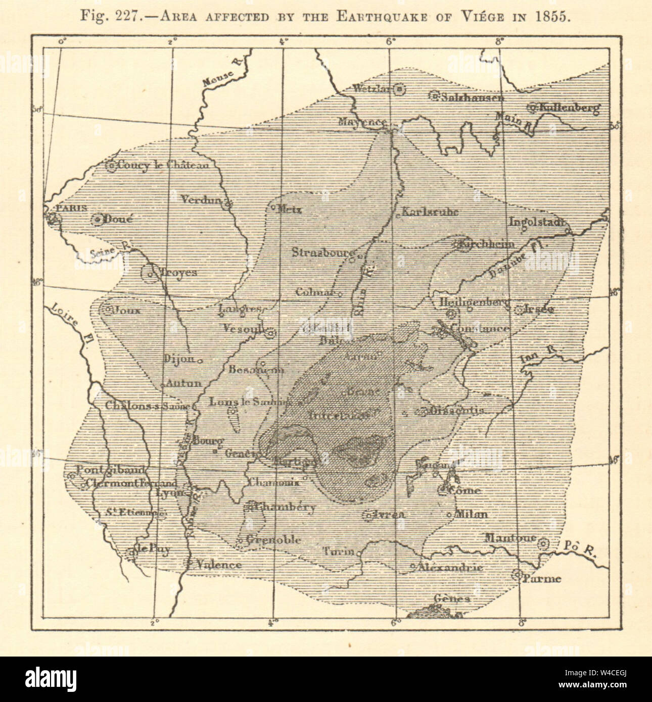 Area affected by 1855 Viege Earthquake. Switzerland. Visp. Sketch map ...