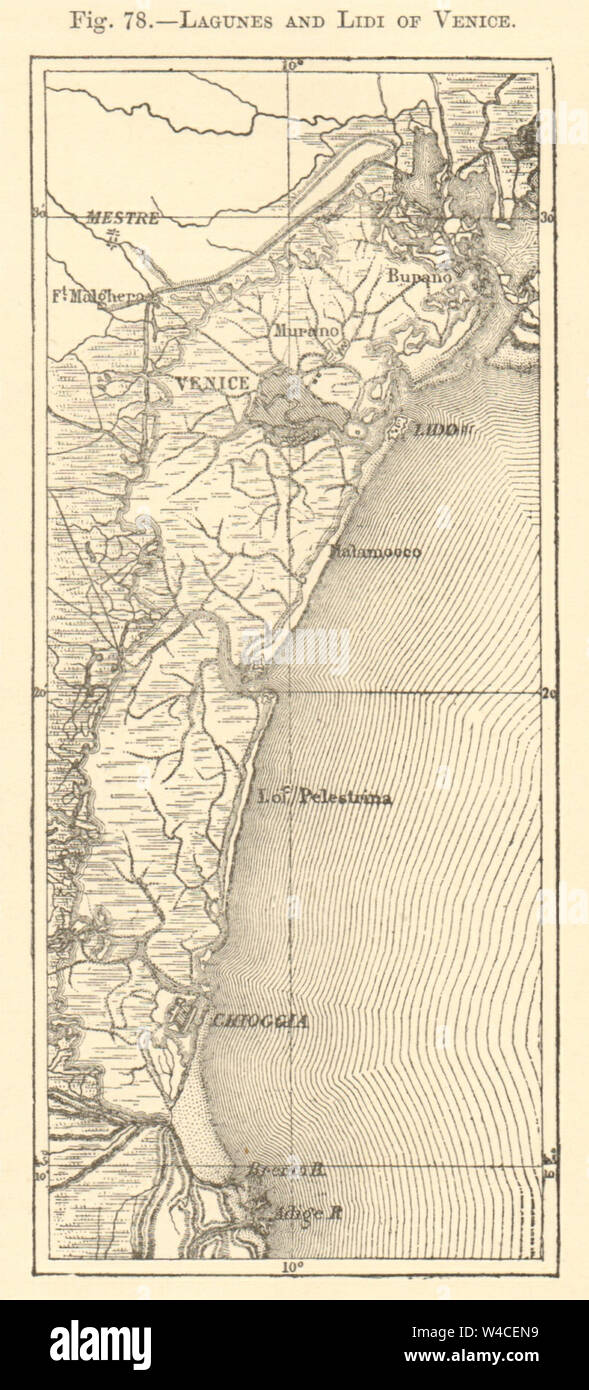 Lagunes and Lidi of Venice. Chioggia. Lido. Sketch map 1886 old antique ...