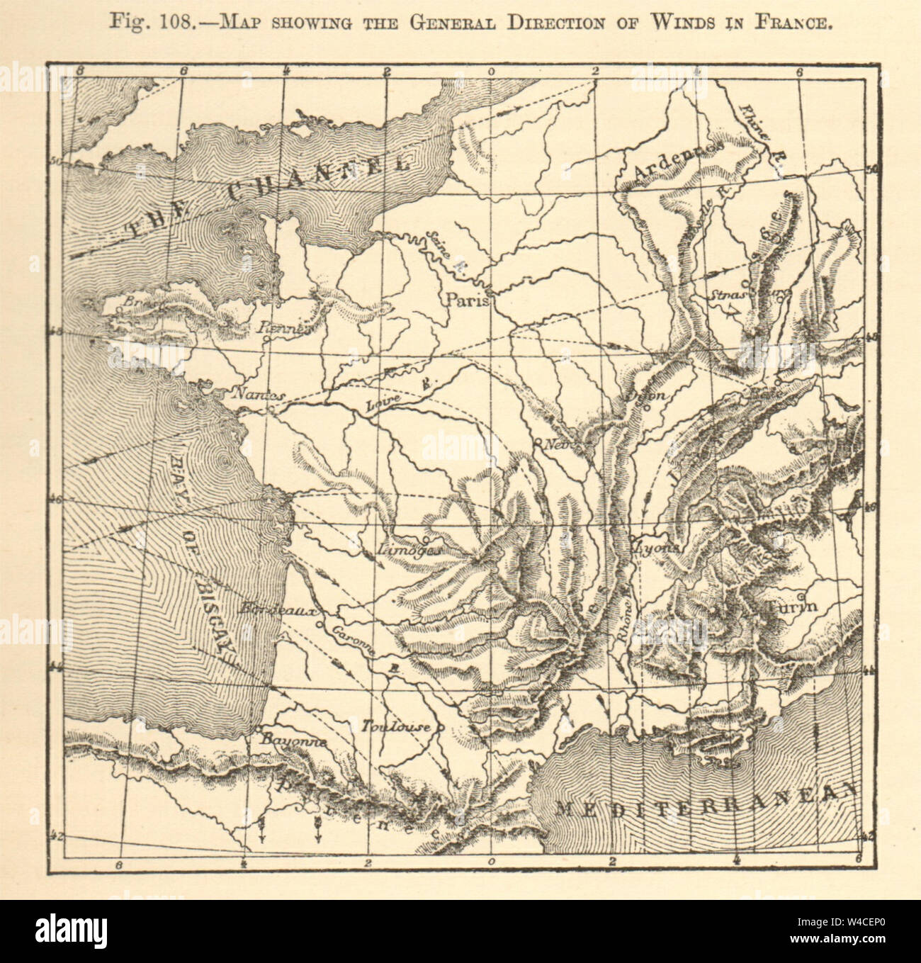 Map showing the general direction of winds in France. Sketch map 1886