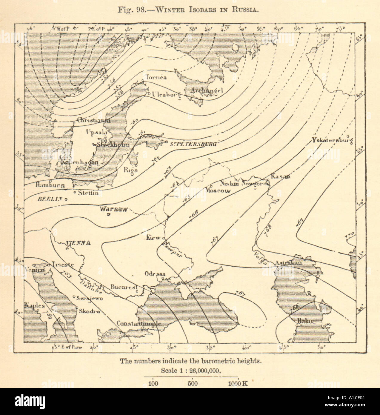 Winter Isobars in Russia. Sketch map 1886 old antique vintage plan chart Stock Photo