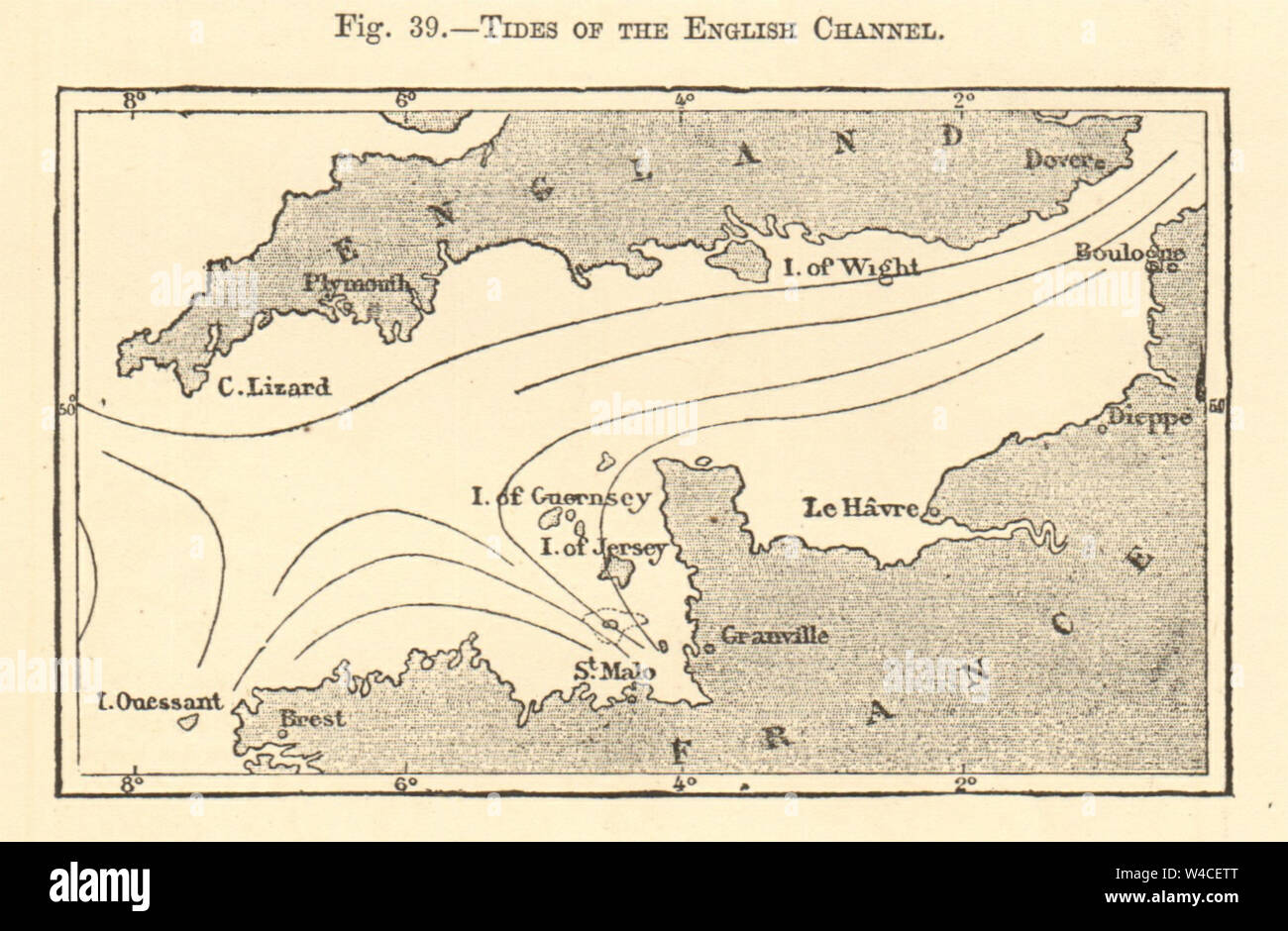 Tides of the English Channel. SMALL sketch map 1886 old antique plan chart Stock Photo