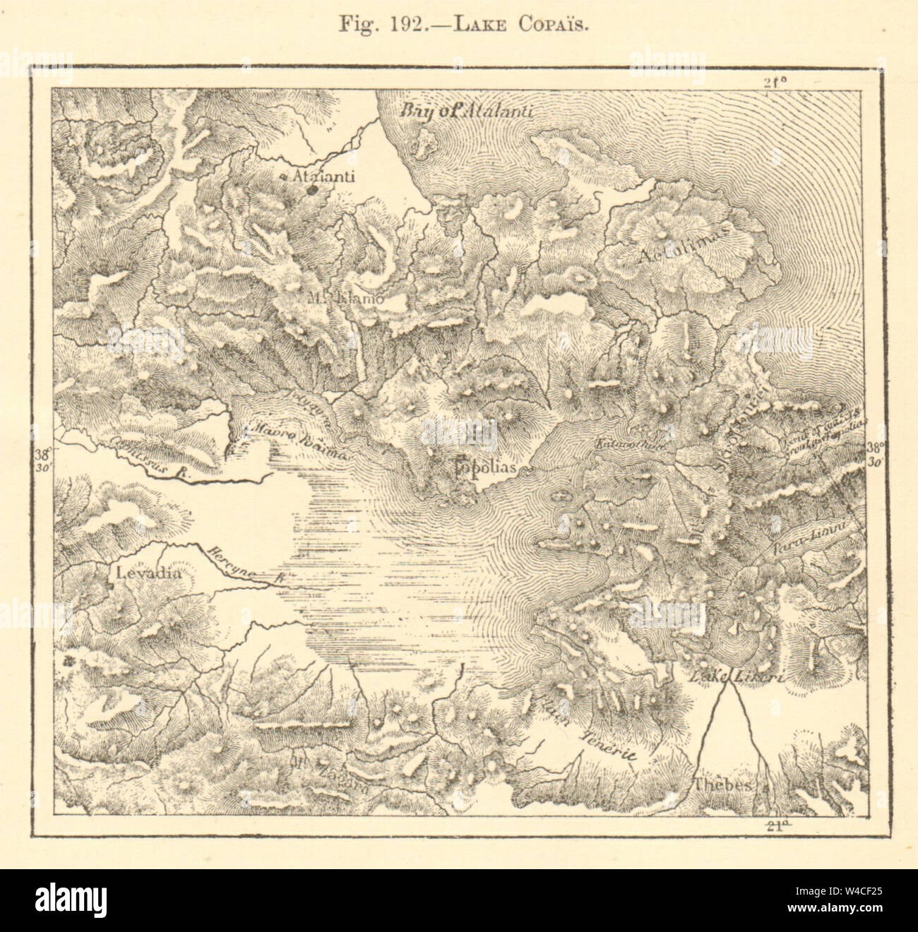 Lake Copais. Greece. Kopais. Sketch map 1886 old antique plan chart Stock Photo