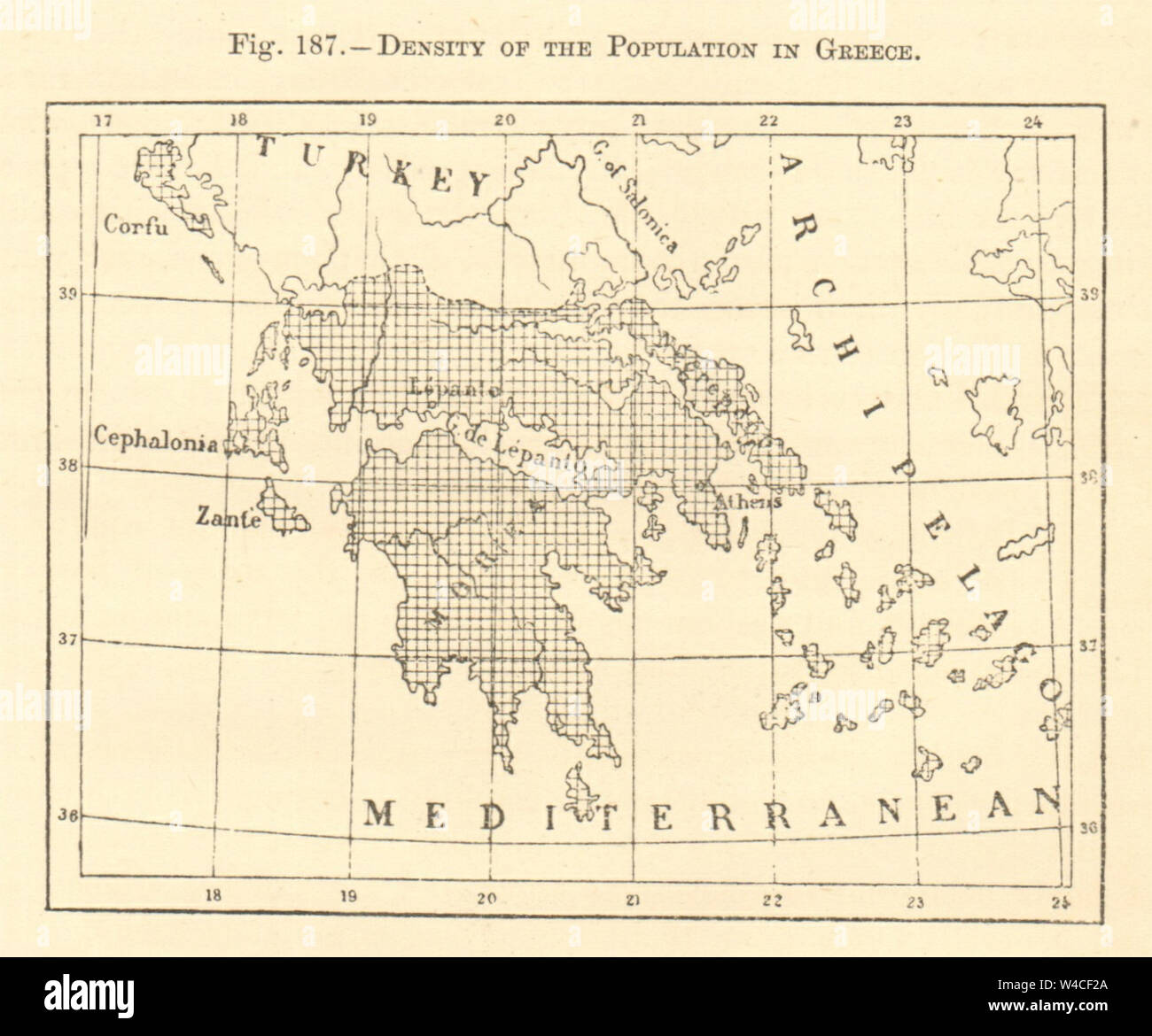 Density of the population in Greece. Sketch map 1886 old antique chart