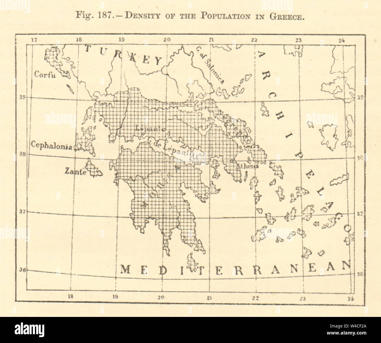 Density of the population in Greece. Sketch map 1886 old antique chart Stock Photo