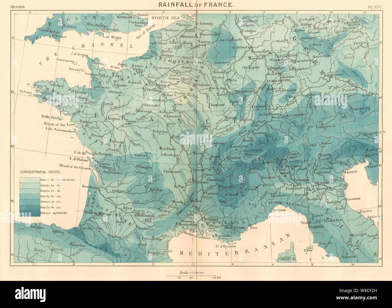 The Rainfall of France 1886 old antique vintage map plan chart Stock Photo